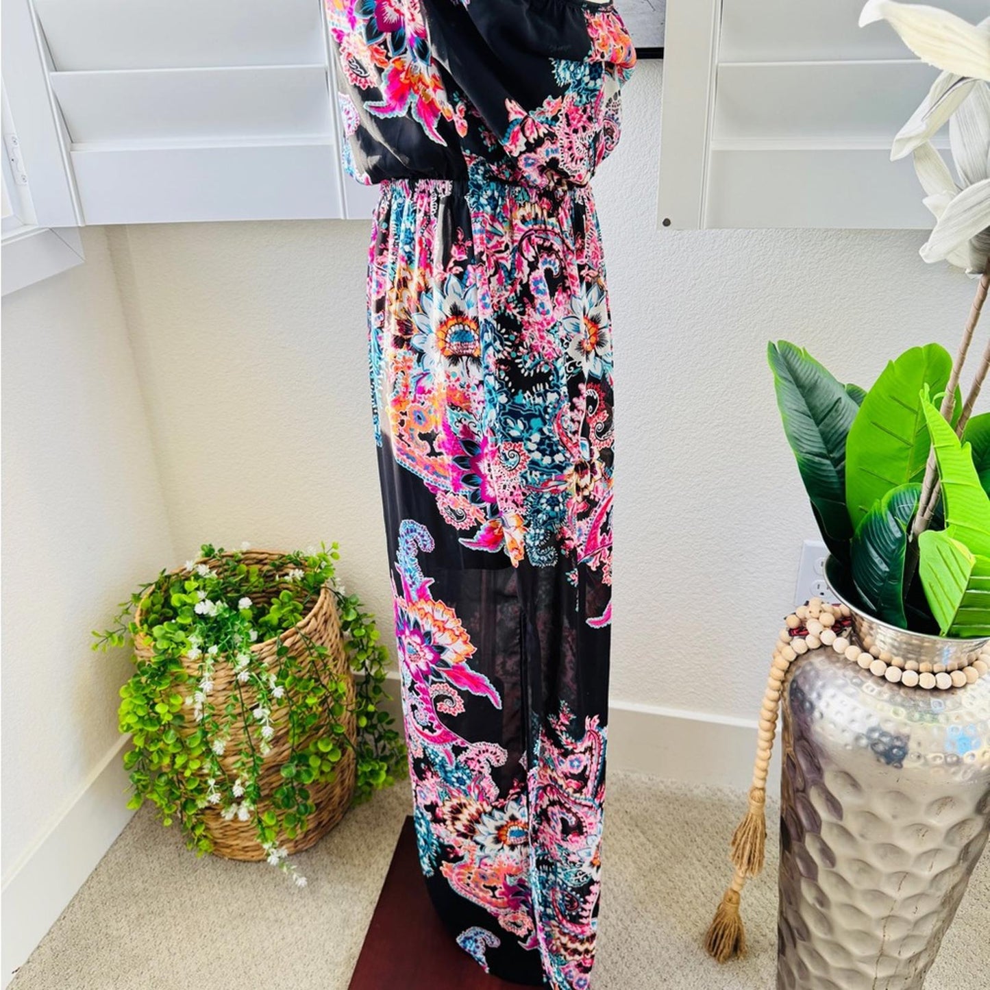 Express. Size S. Black Strapless Maxi Dress with Pink & Teal Paisley