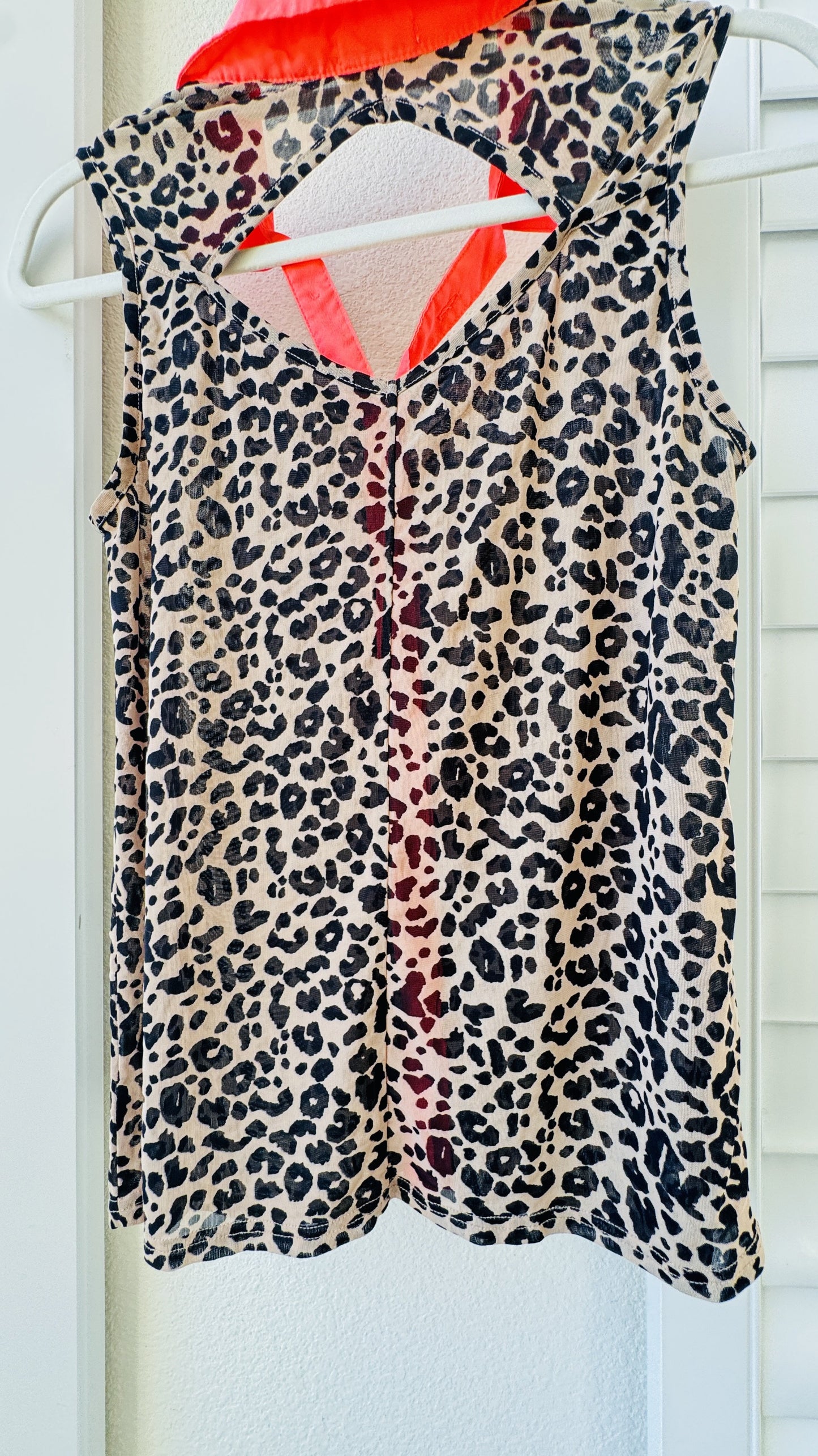 One Clothing Leopard Print Mesh Sleeveless Top with Neon Pink Collar - Size S