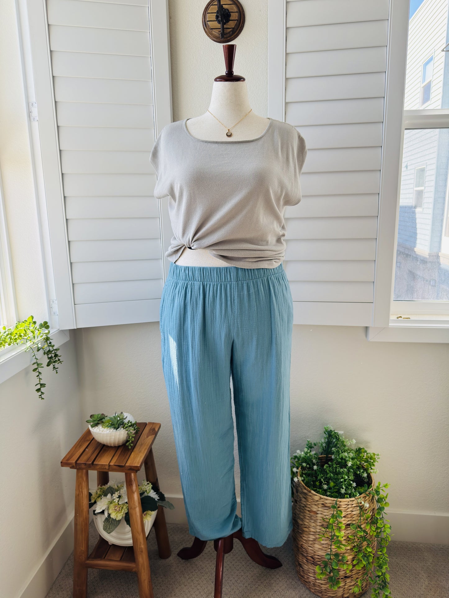 Coldwater Creek Blue 100% Cotton Gauze Wide Leg Pants Size L