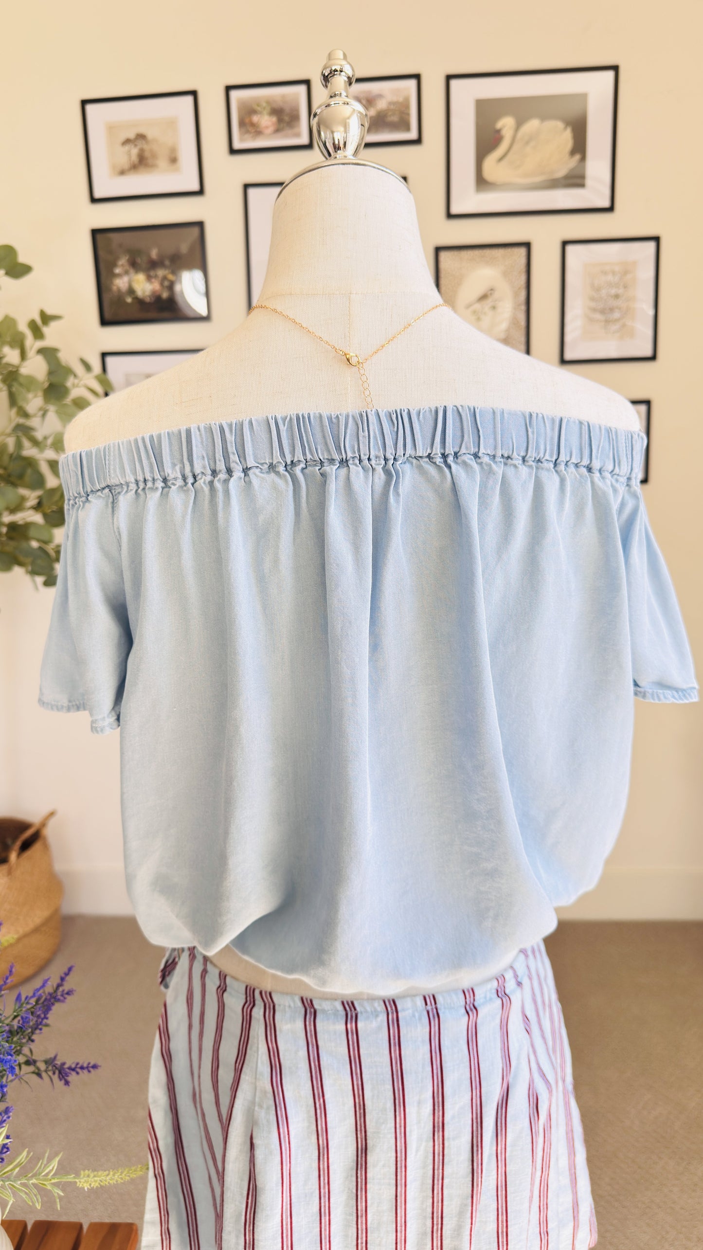 Off-the-Shoulder Chambray Top and Striped Mini Skirt Set - Size S