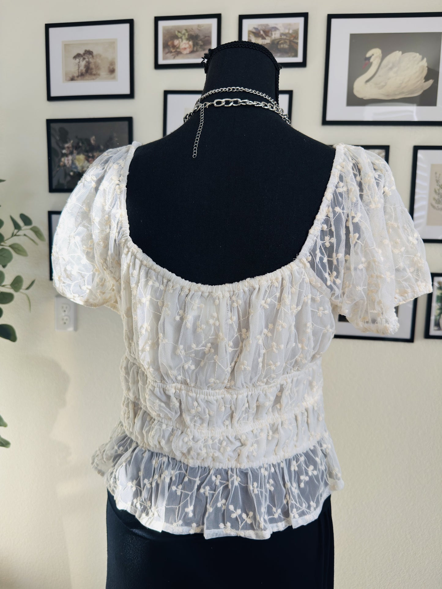 Japna Cream Floral Embroidered Mesh Smocked Peplum Top - Size L