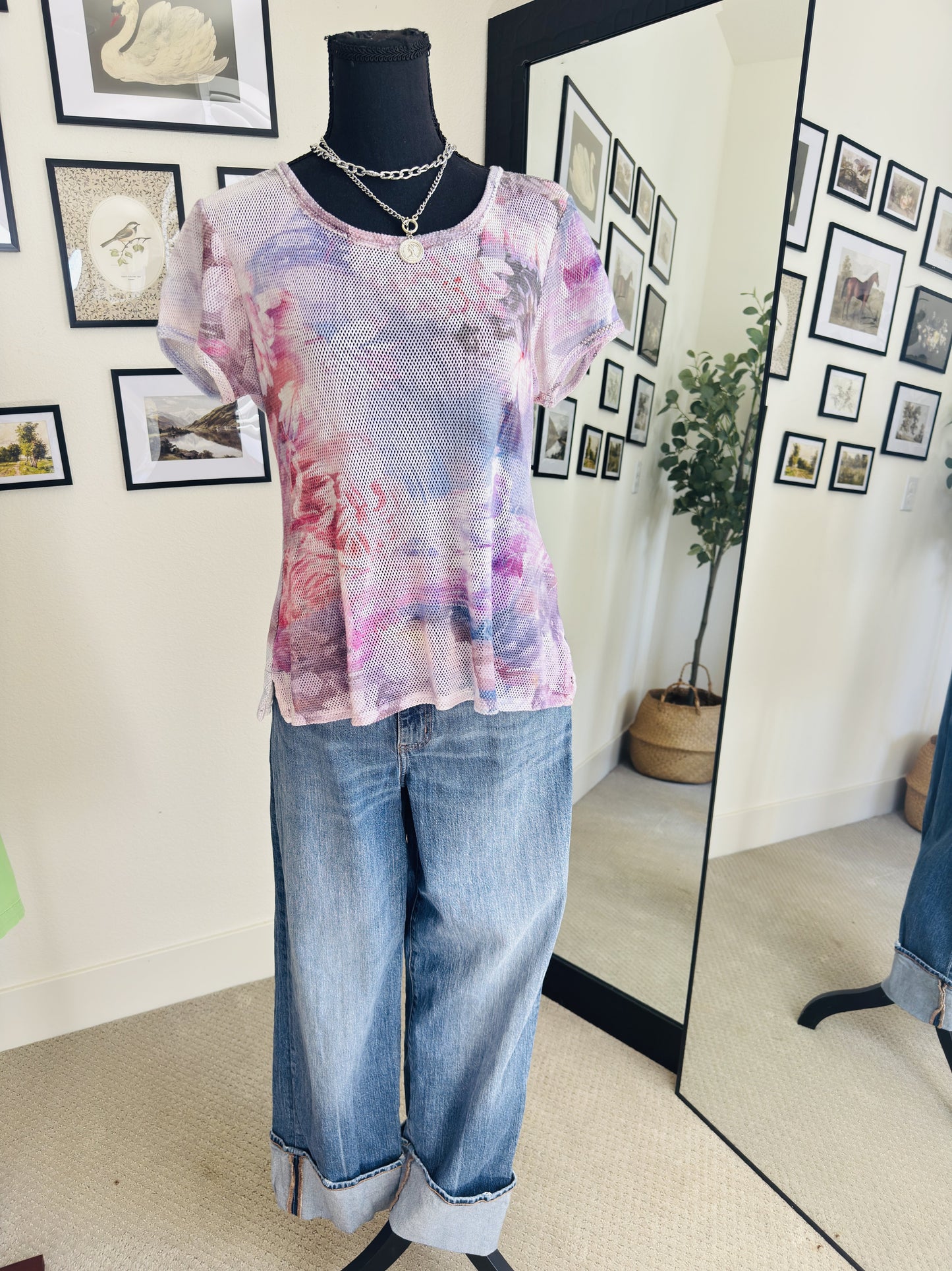 Pilcro Abstract Floral Mesh Short Sleeve Top - Size S