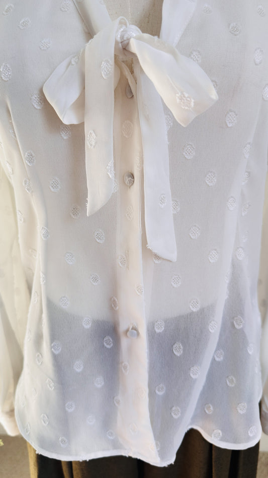 Express White Swiss Dot Tie-Neck Sheer Blouse - Size S Petite
