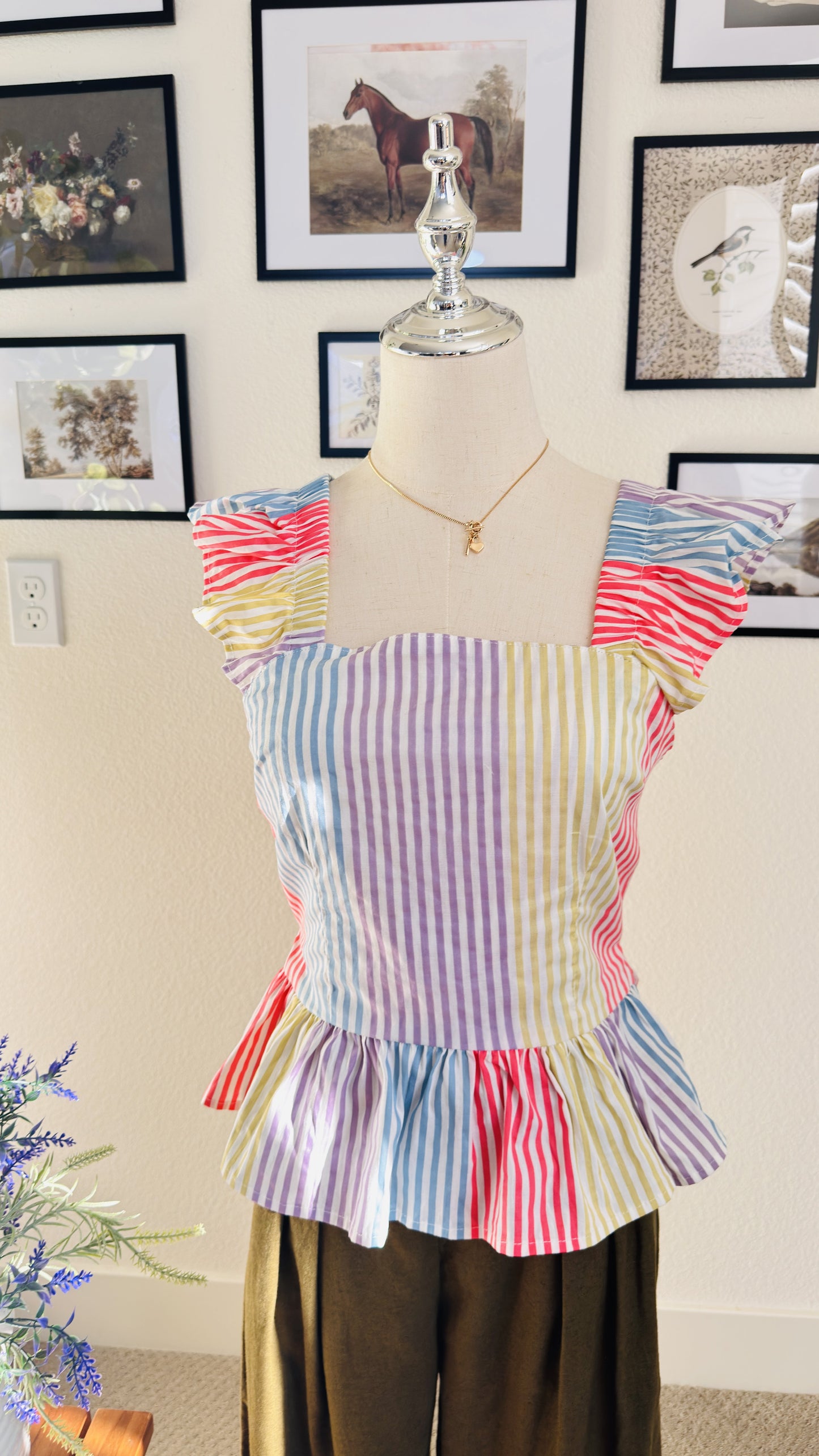 Iky & Me Rainbow Striped Ruffle Peplum Tie Back Top - Size S