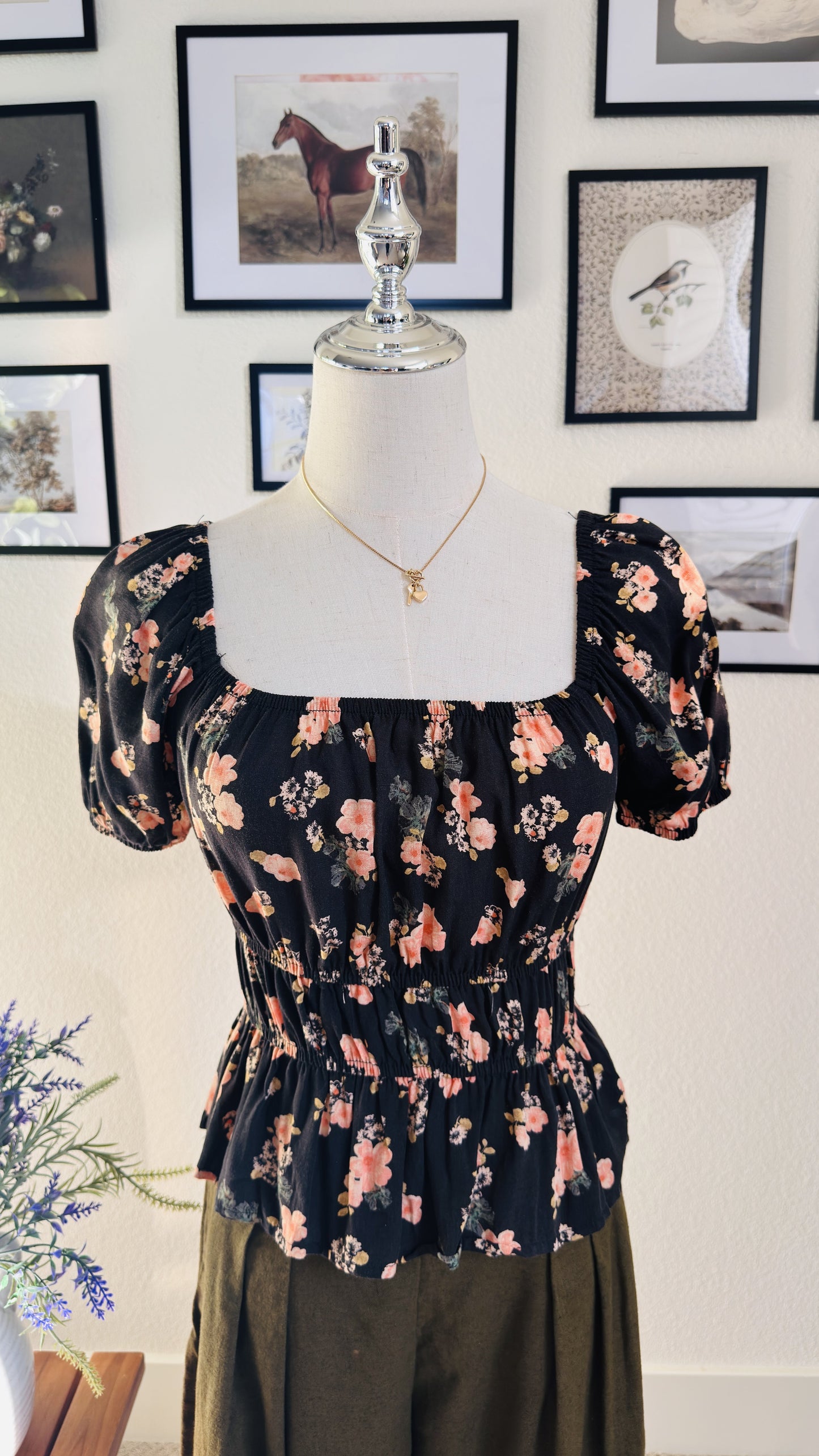 Floral Puff Sleeve Smocked Peplum Top - Size S