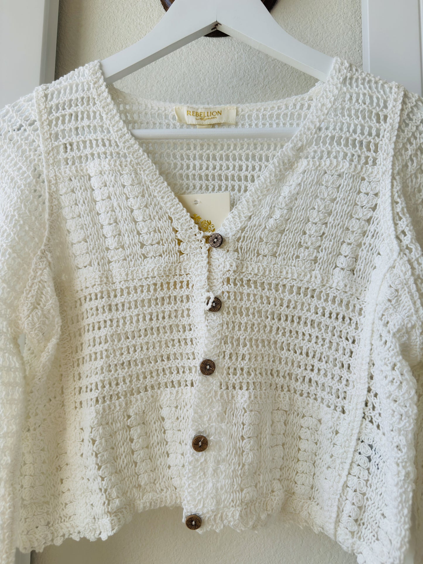Rebellion Again White Crochet Cropped Cardigan - Size S