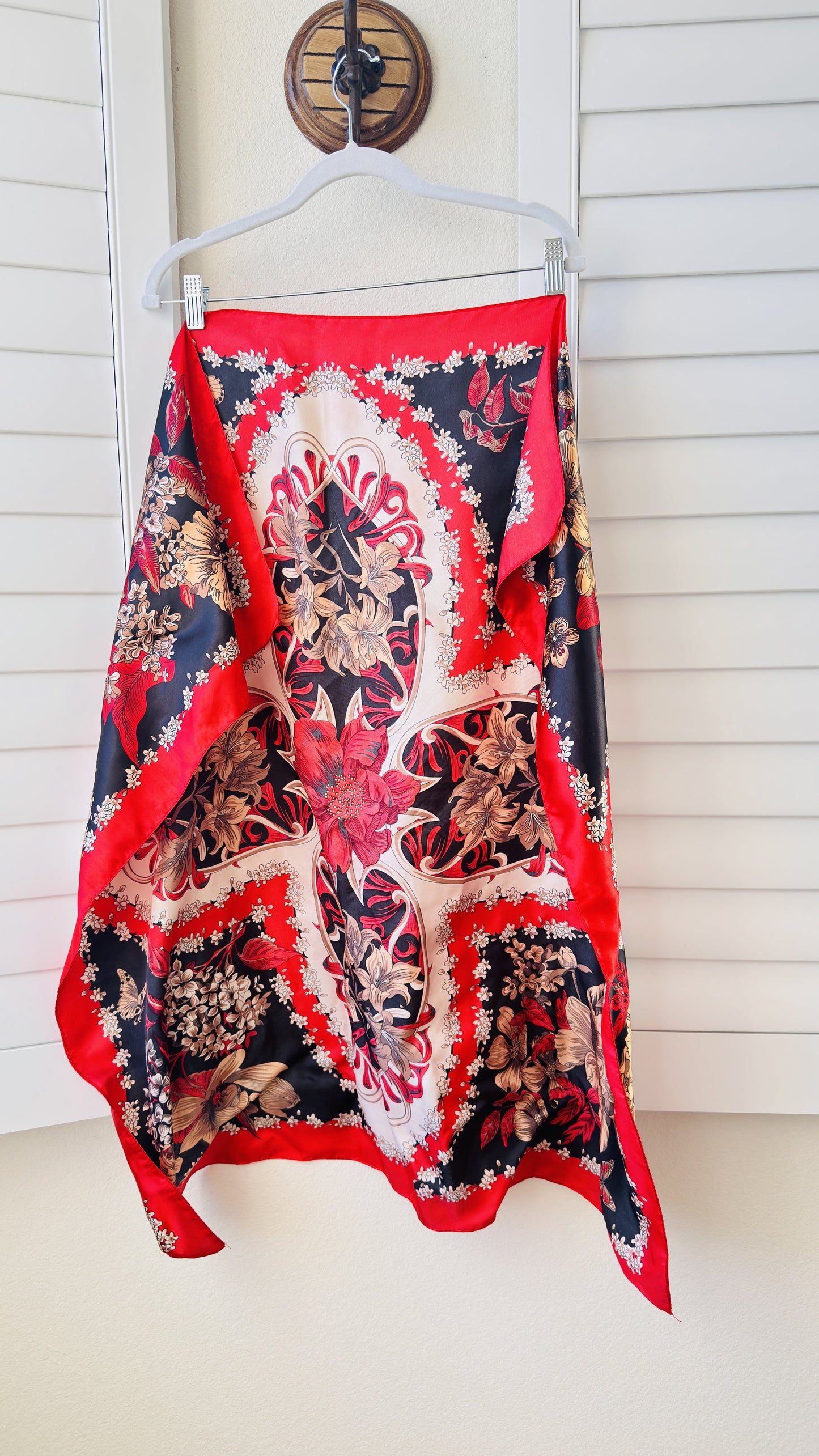 Red and Black Ornate Floral Print Satin Square Scarf