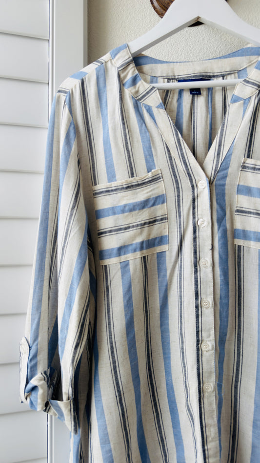 Apt. 9 Striped Rayon Linen Roll-Tab Sleeve Blouse - Size L