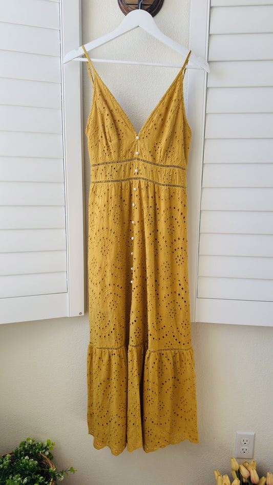 Boutique Yellow Eyelet Tiered Maxi Dress - Size M