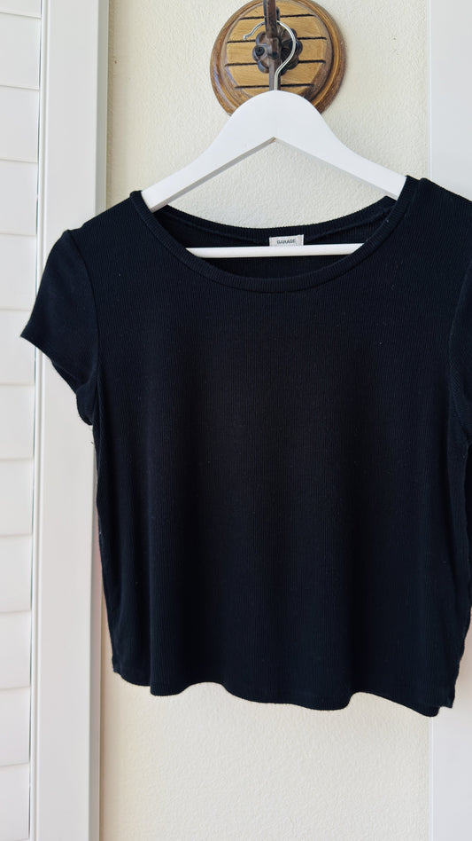 Garage Black Ribbed Short Sleeve Crop Top - Size L