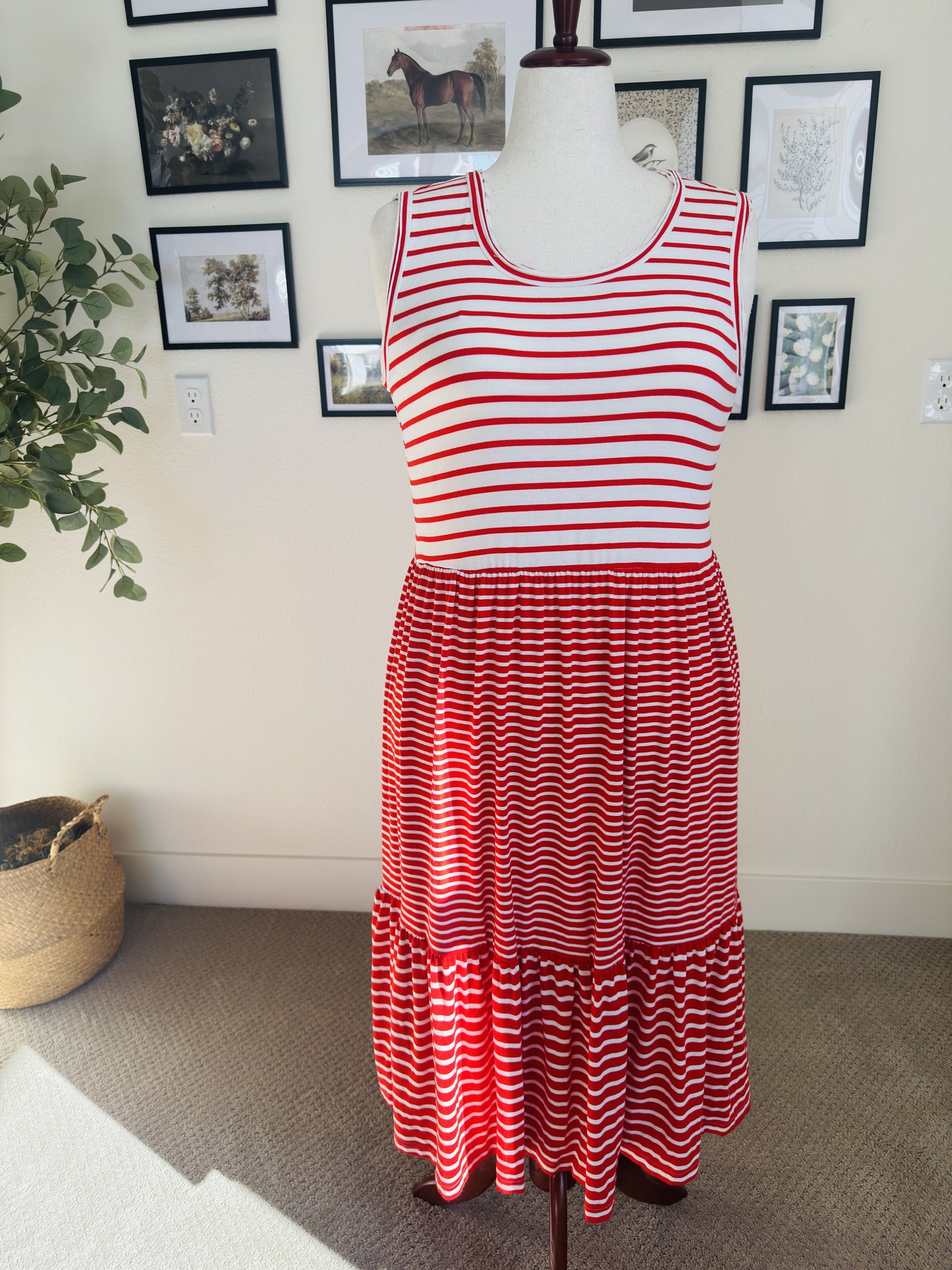 Nina Leonard Red & White Striped Tiered Sleeveless Maxi Dress - Size L