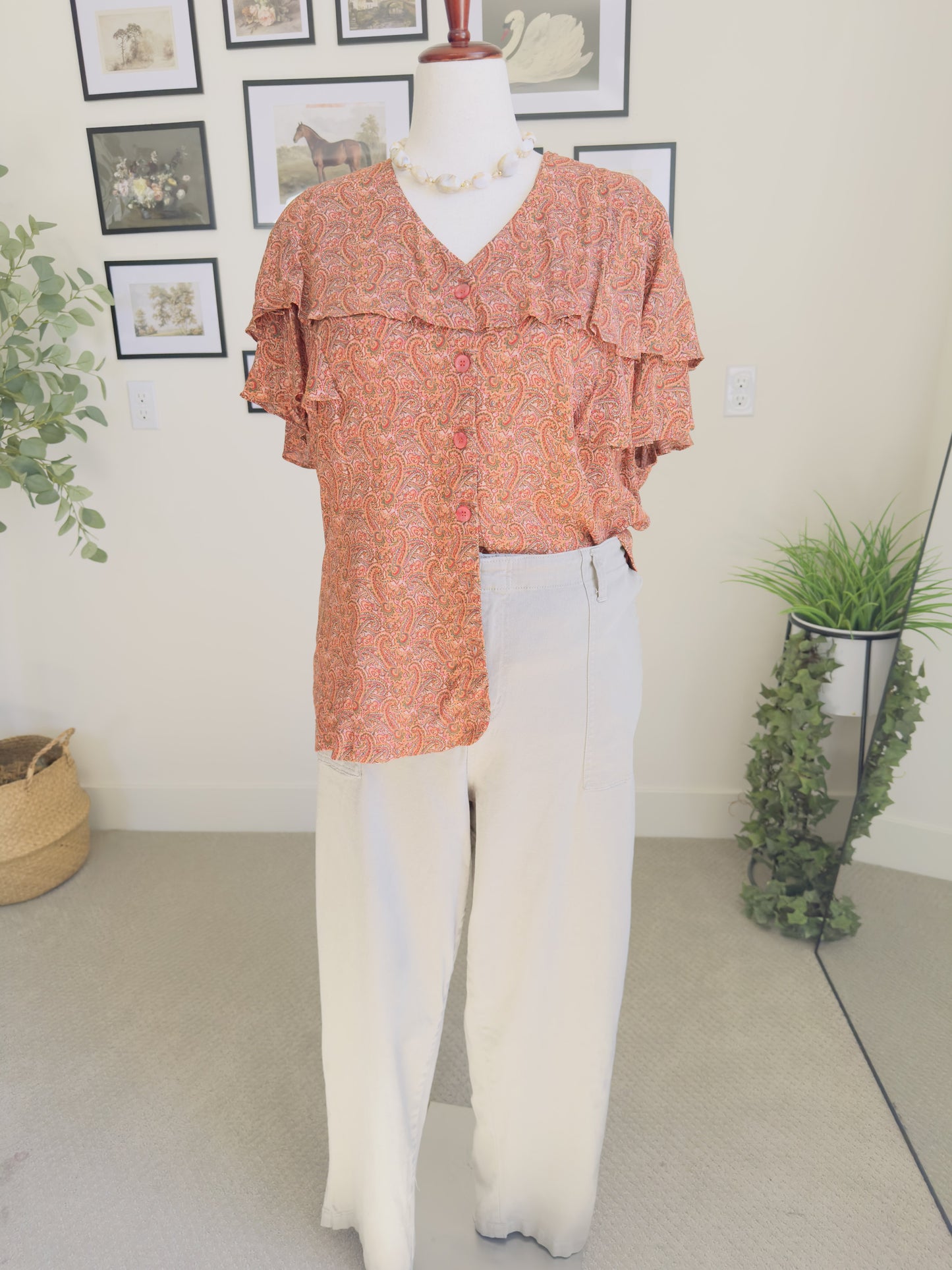 Elisabeth Vintage Paisley Ruffle Button-Down Blouse Size 22