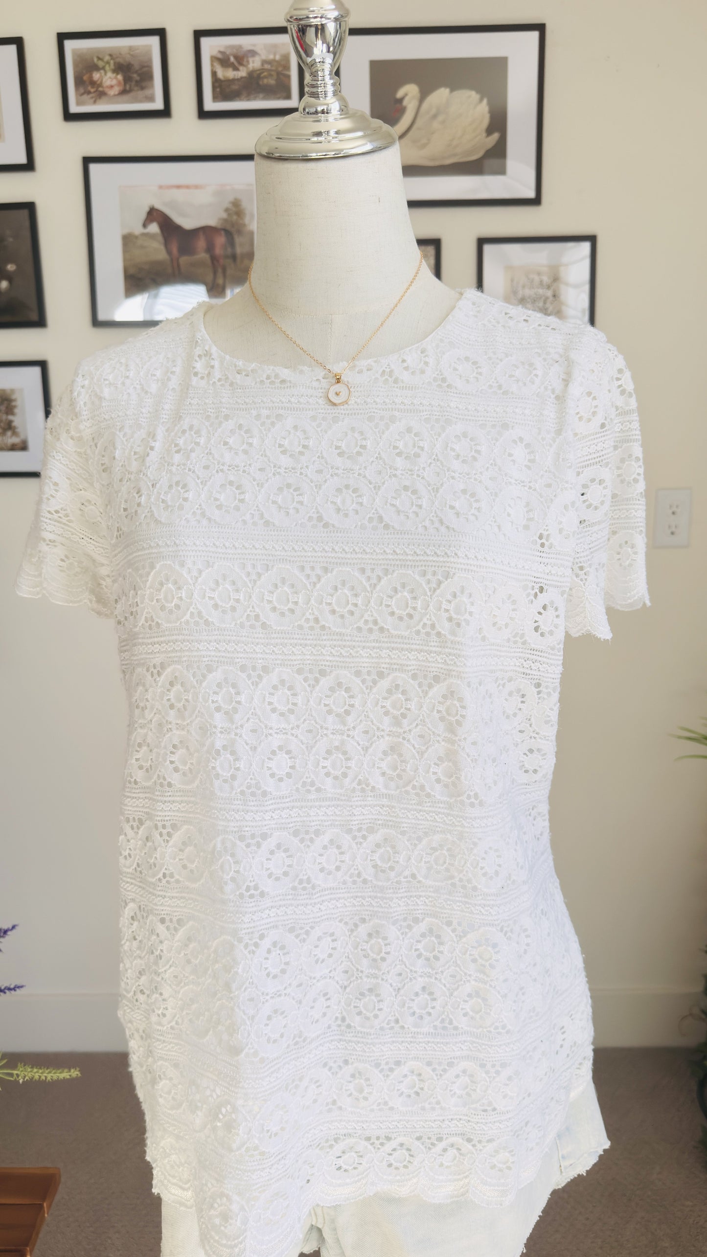 Charter Club White Lace Short Sleeve Top - Size PM
