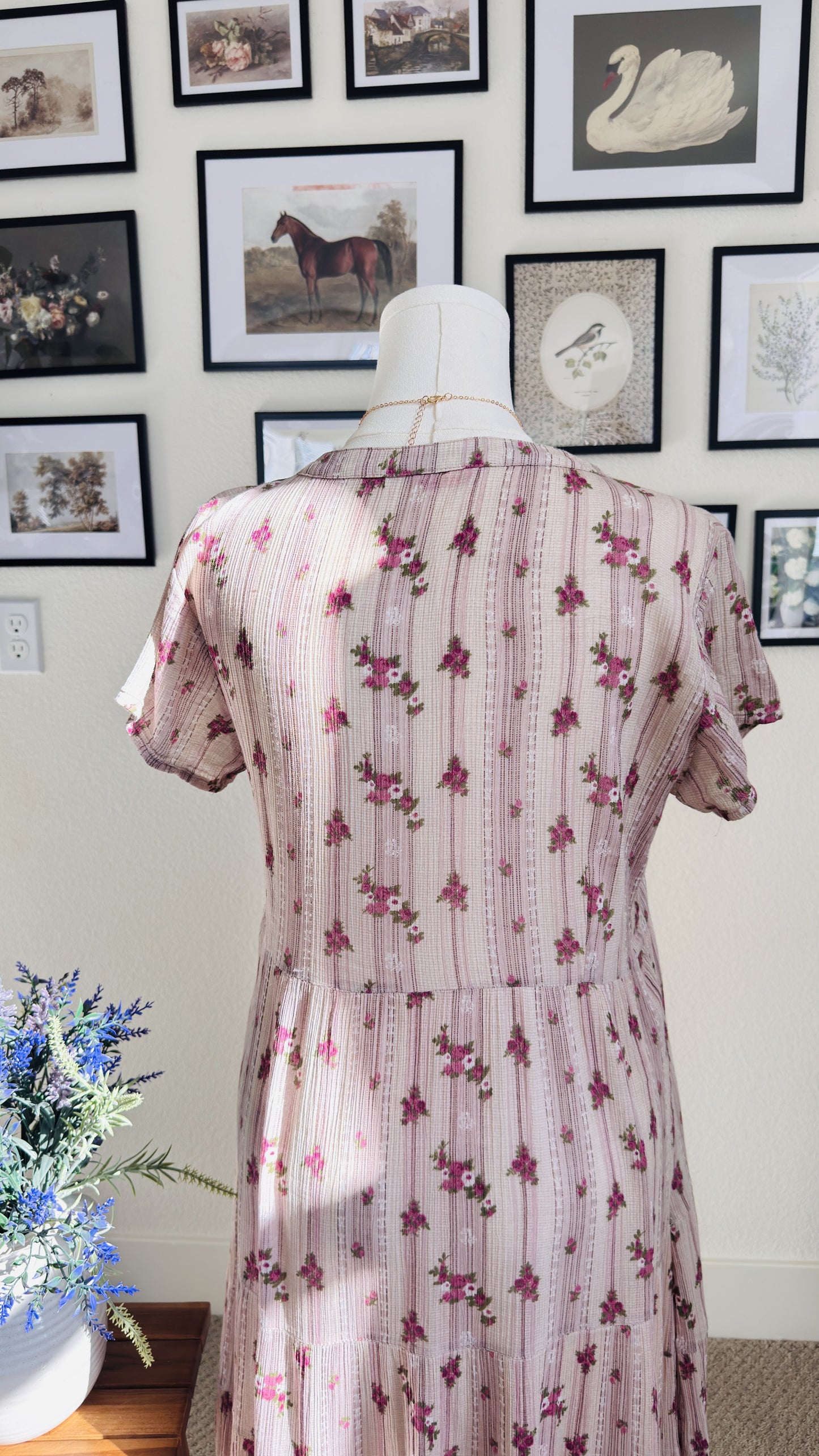 W for Woman Pink Floral Tiered Cotton Midi Dress - Size 12