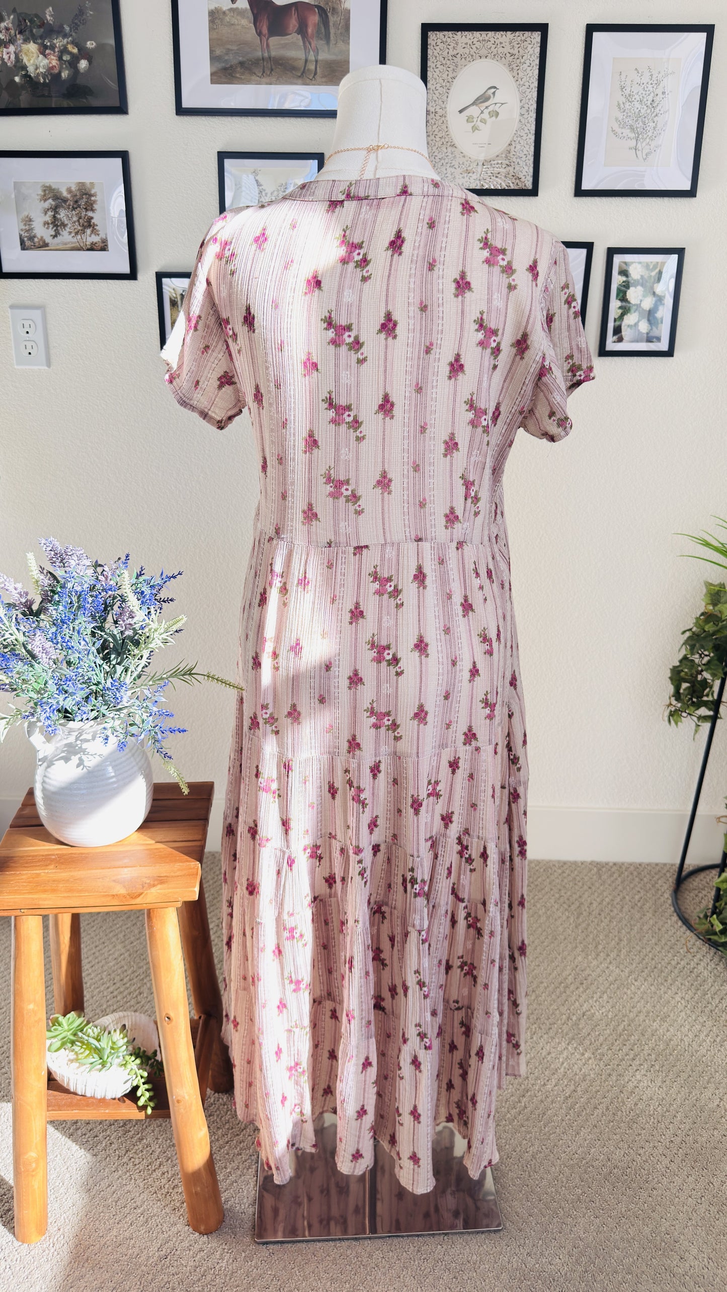 W for Woman Pink Floral Cotton Tiered Midi Dress - Size 12