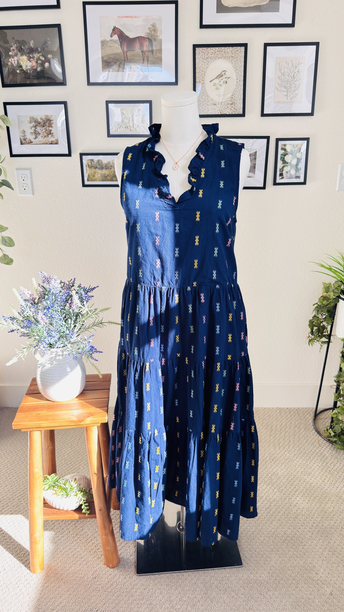 St. John's Bay Blue Embroidered Tiered Midi Dress - Size M