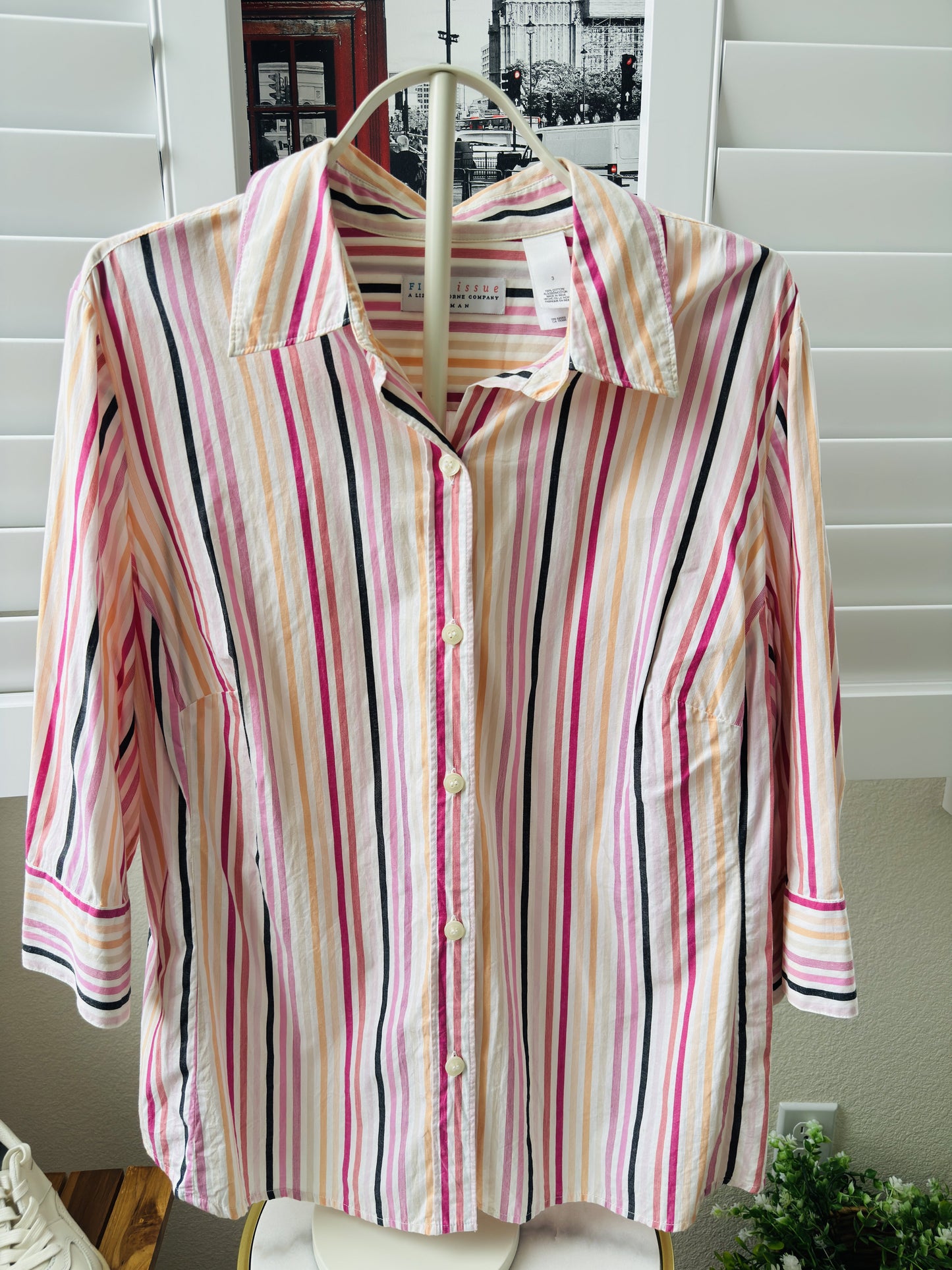 First Issue by Liz Claiborne Woman Striped 3/4 Sleeve Button-Down Shirt, Size 3