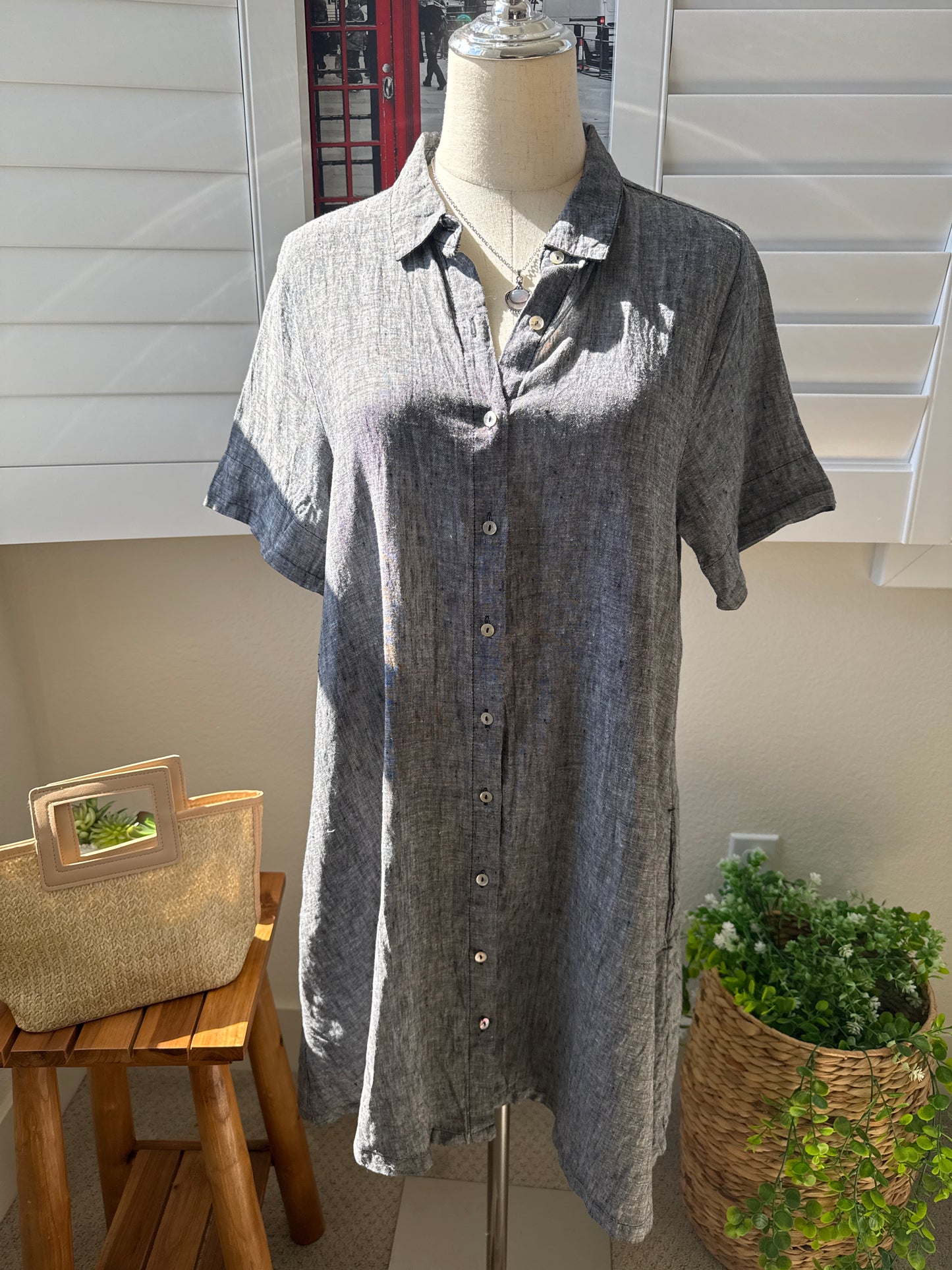 Tahari 100% Linen Short Sleeve Button-Down Shirt Dress - Size L
