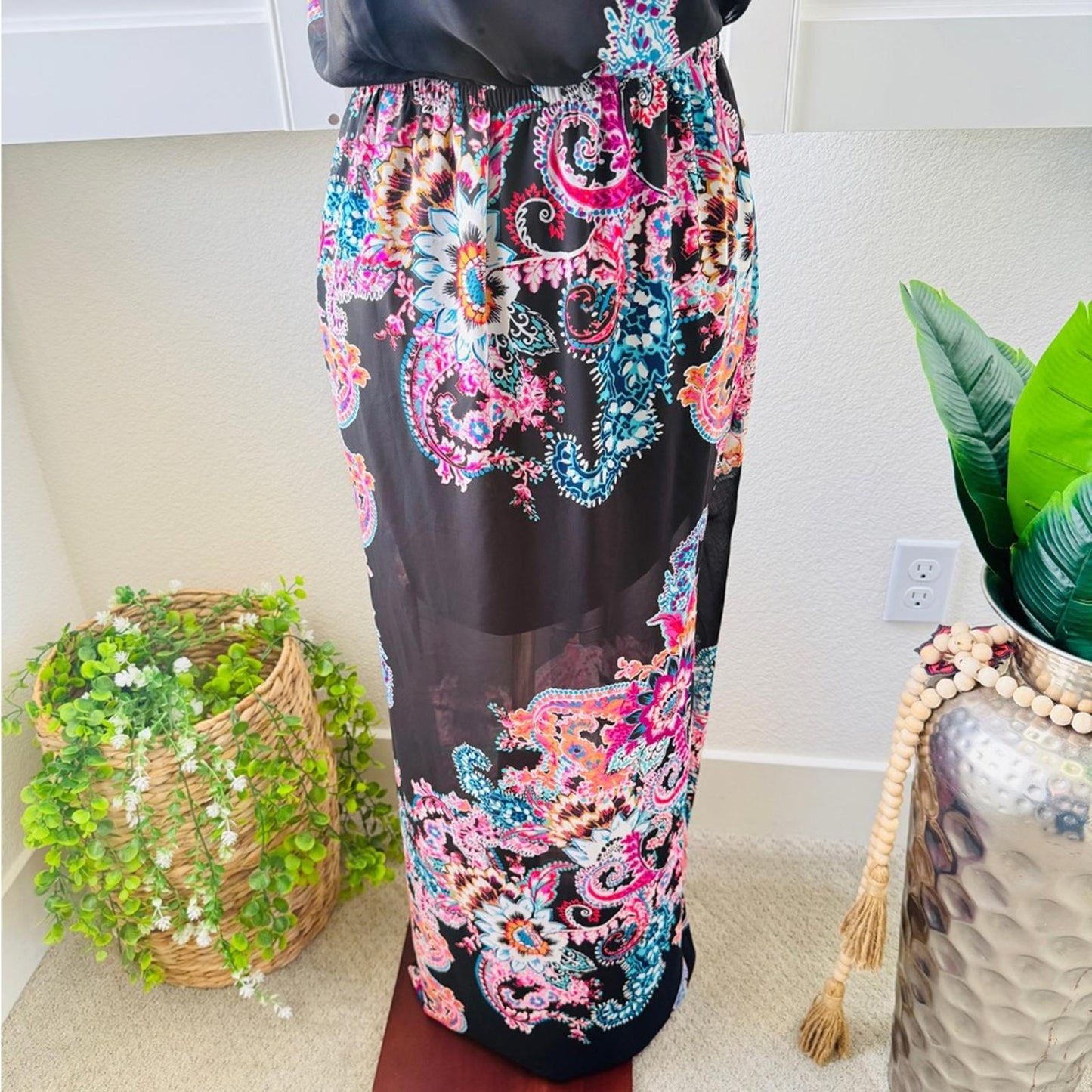 Express. Size S. Black Strapless Maxi Dress with Pink & Teal Paisley