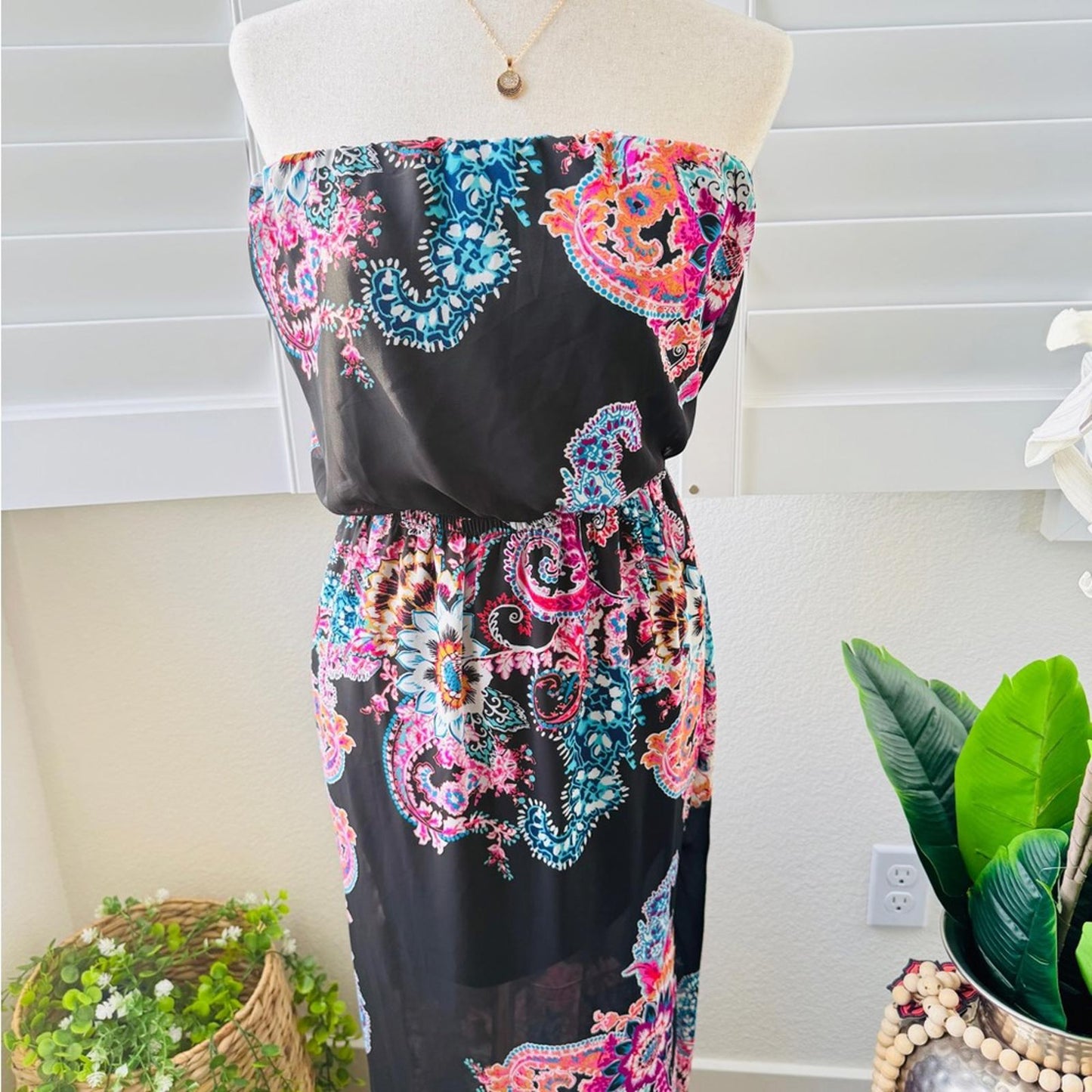 Express. Size S. Black Strapless Maxi Dress with Pink & Teal Paisley