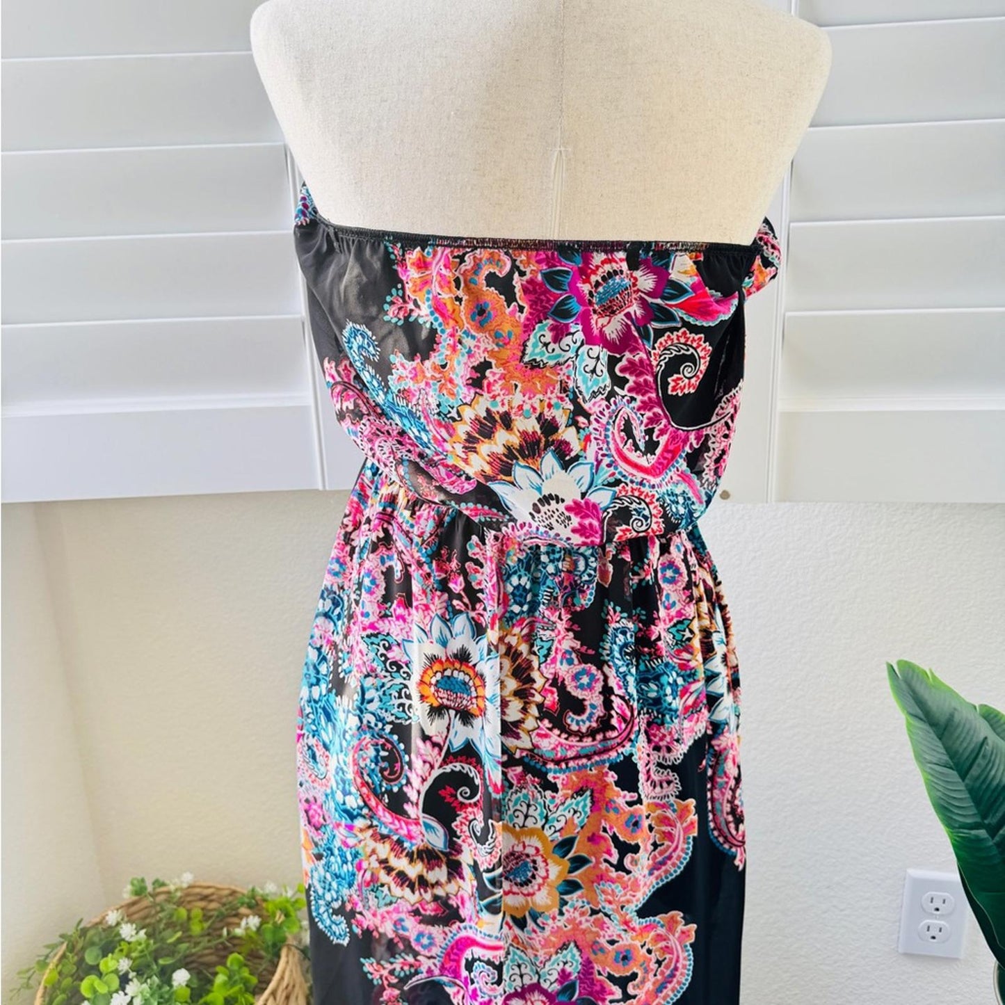 Express. Size S. Black Strapless Maxi Dress with Pink & Teal Paisley