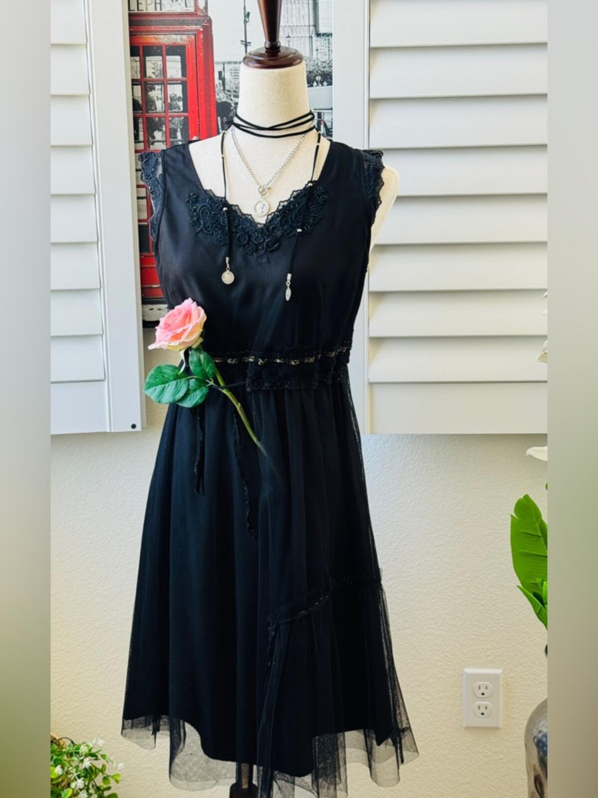 Chaber Romantic Whimsigoth Black Tulle & Lace Midi Dress