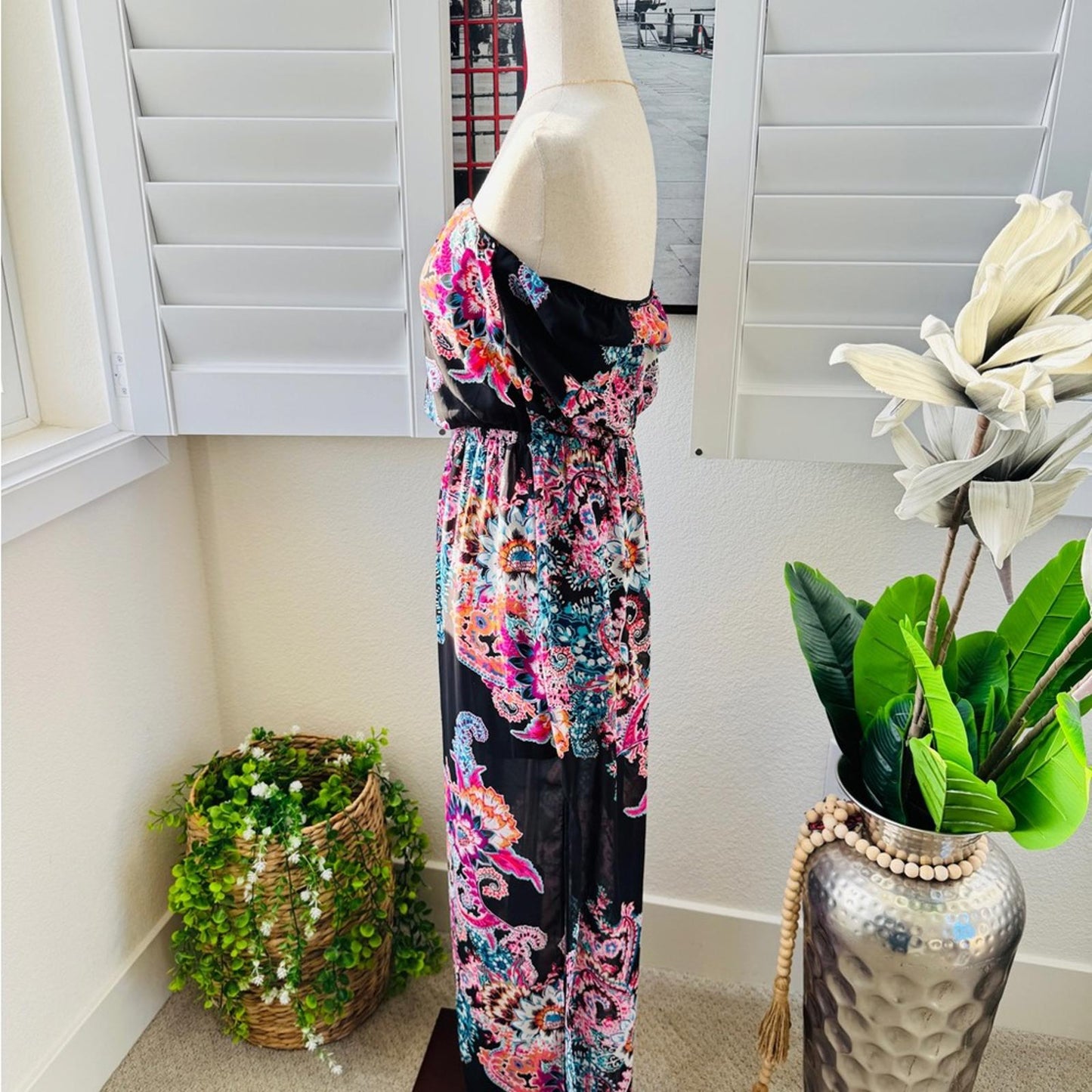 Express. Size S. Black Strapless Maxi Dress with Pink & Teal Paisley