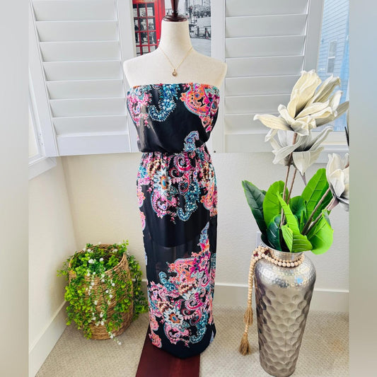 Express. Size S. Black Strapless Maxi Dress with Pink & Teal Paisley