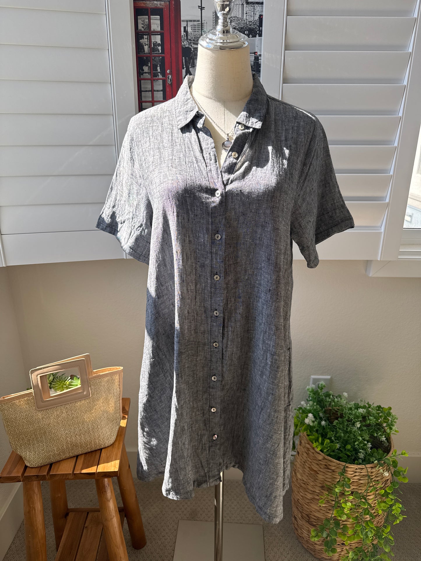Tahari 100% Linen Short Sleeve Button-Down Shirt Dress - Size L
