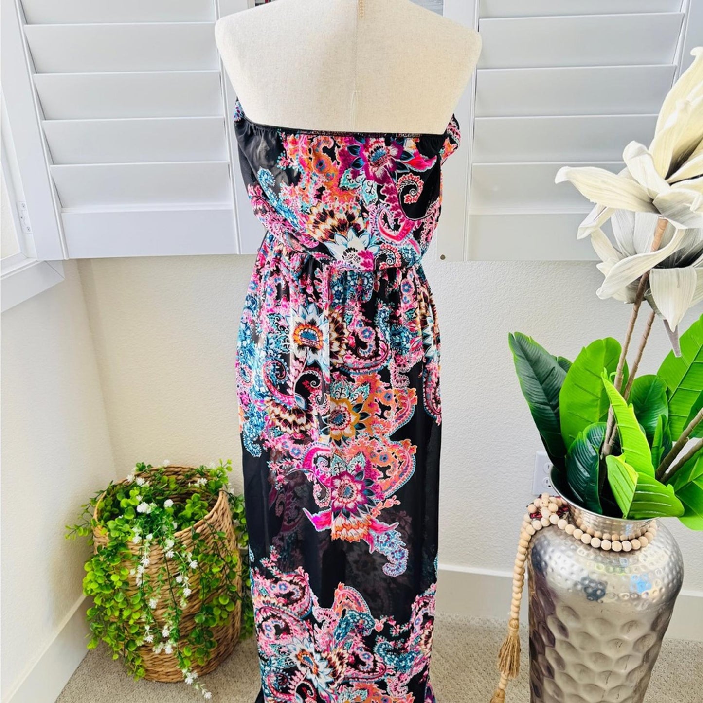 Express. Size S. Black Strapless Maxi Dress with Pink & Teal Paisley