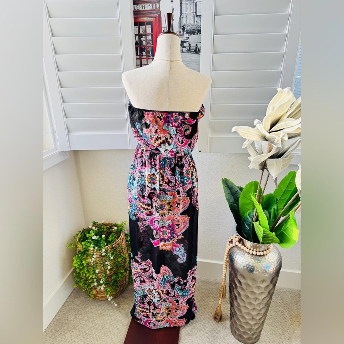 Express. Size S. Black Strapless Maxi Dress with Pink & Teal Paisley