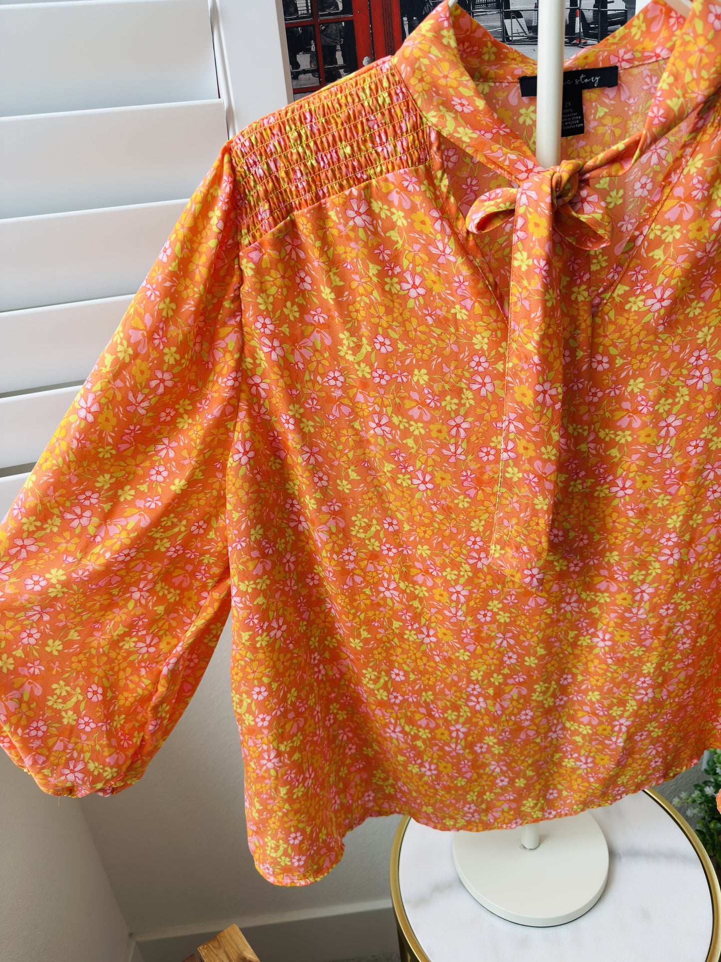a love story Orange Floral Tie-Neck Smocked Blouse Size 2X