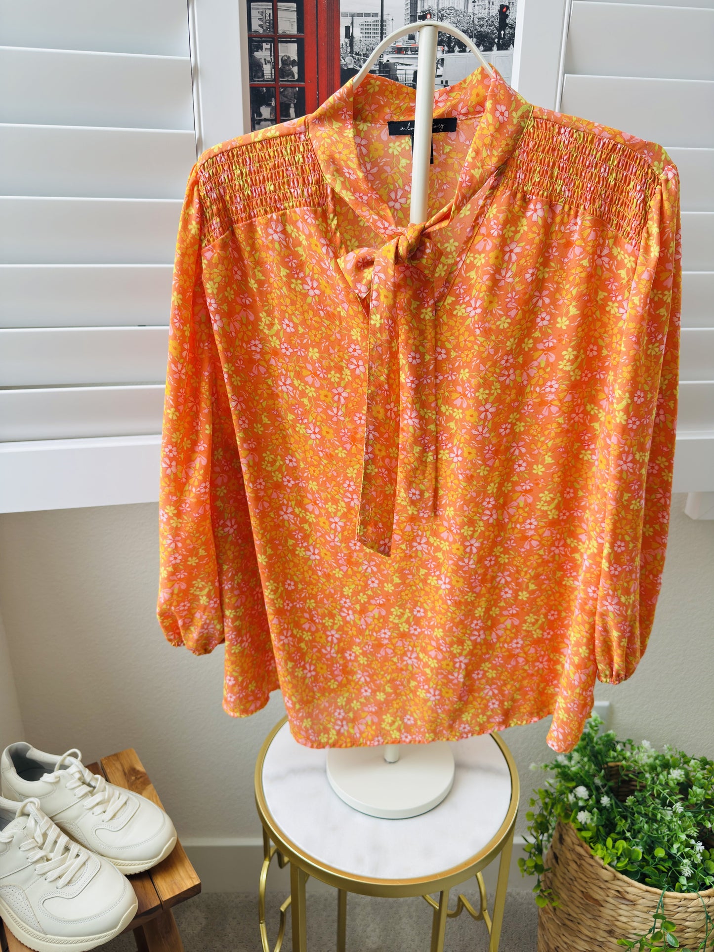 a love story Orange Floral Tie-Neck Smocked Blouse Size 2X
