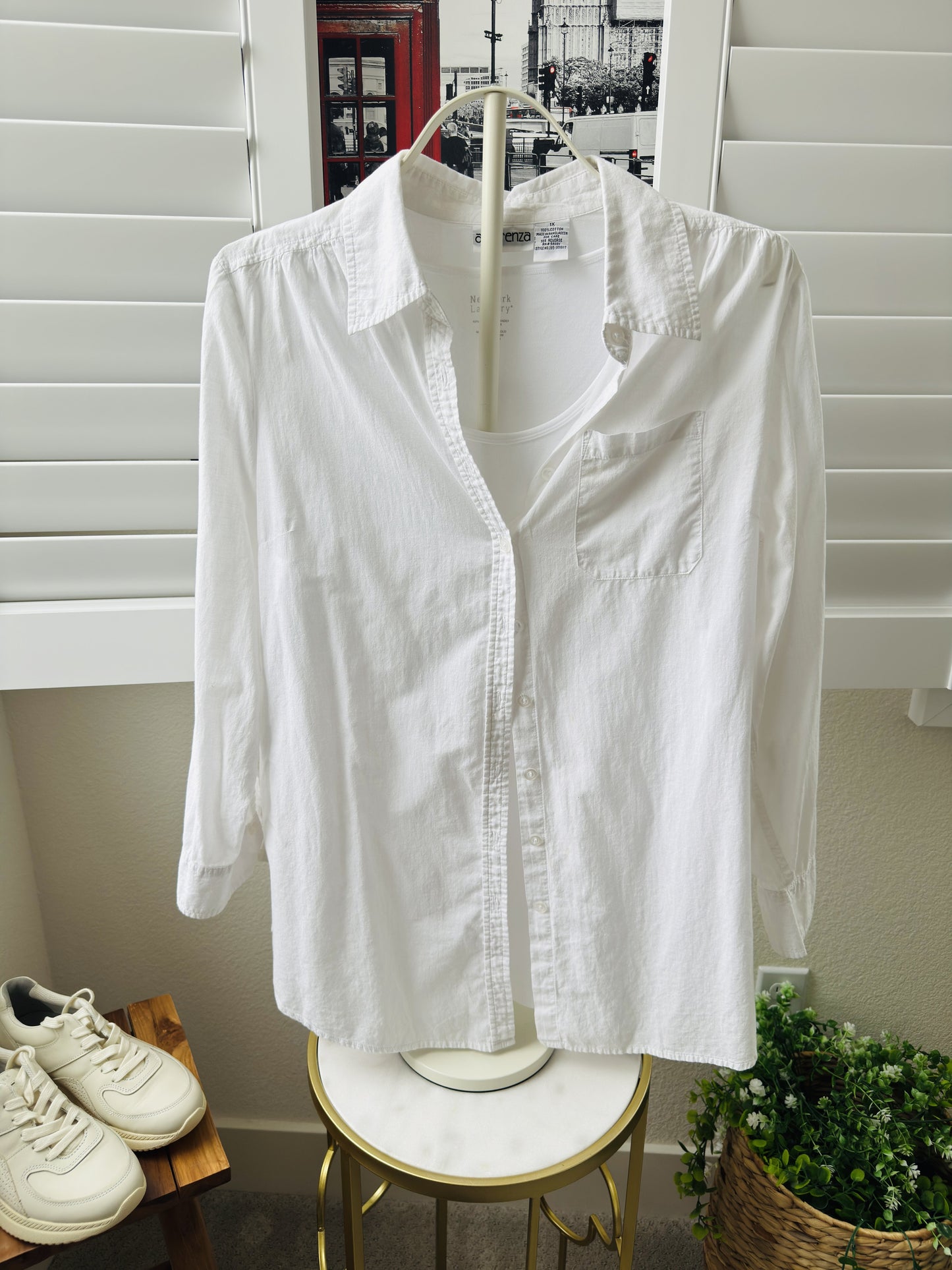 Apparenza White 100% Cotton Button Down Shirt, Size 1X
