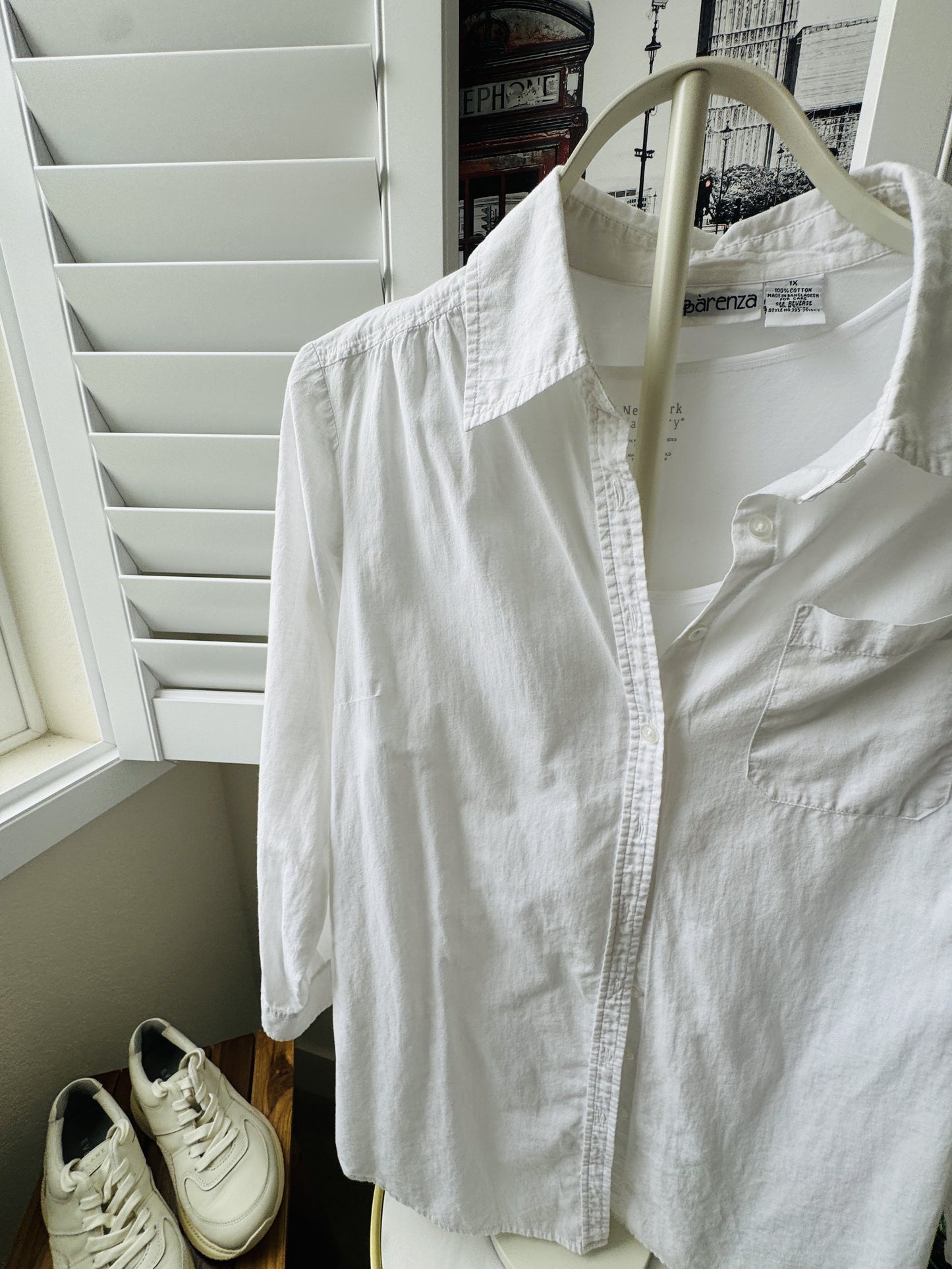 Apparenza White 100% Cotton Button Down Shirt, Size 1X