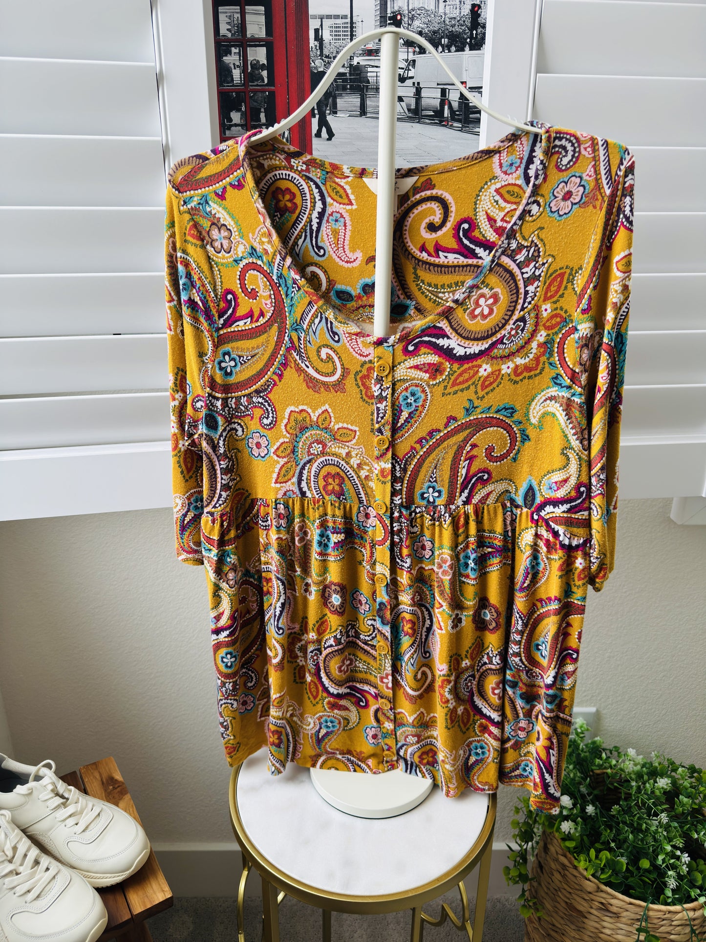 Terra & Sky Paisley Print Button-Front Peplum Top, Size 0X (14W)