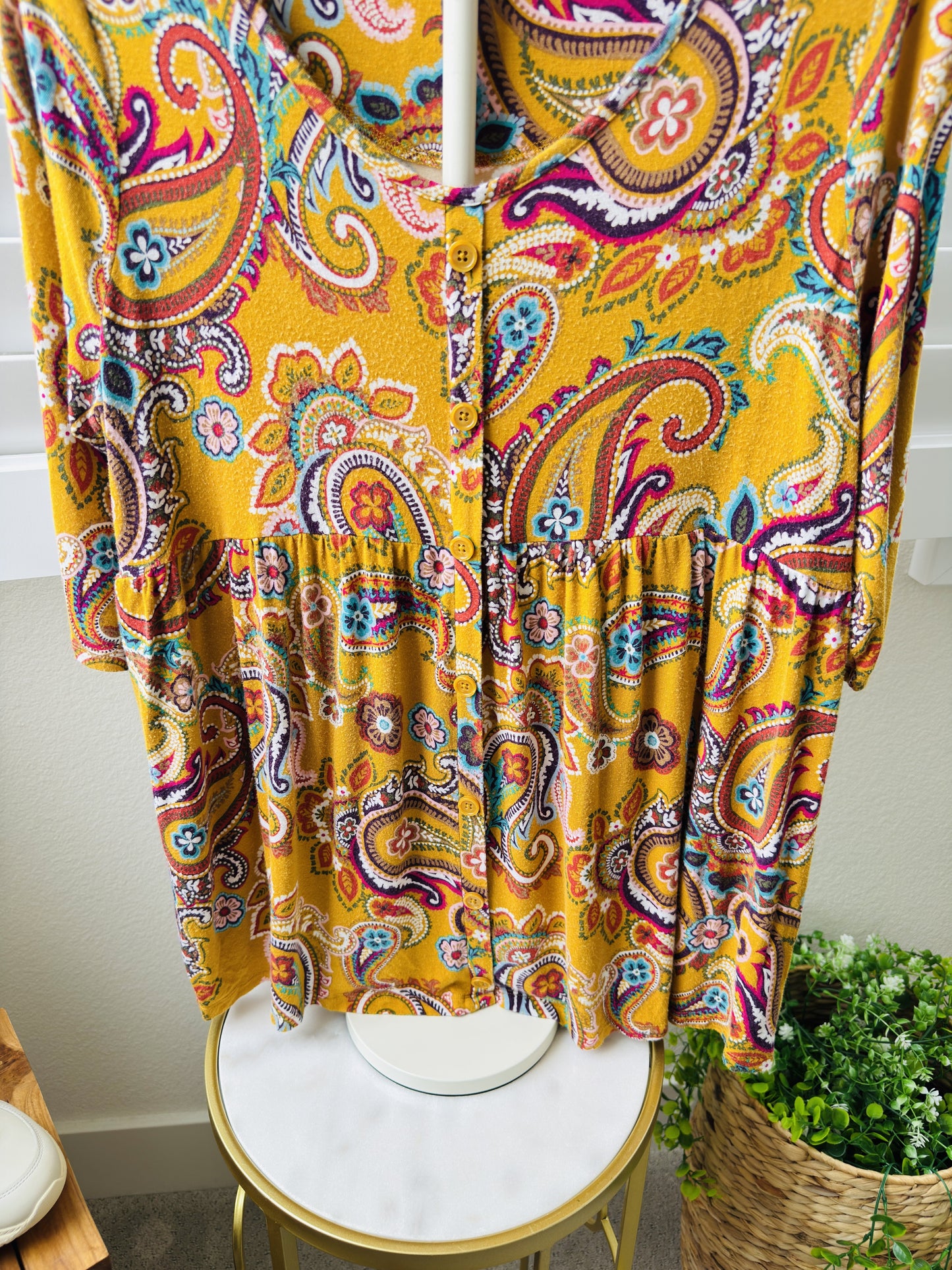 Terra & Sky Paisley Print Button-Front Peplum Top, Size 0X (14W)