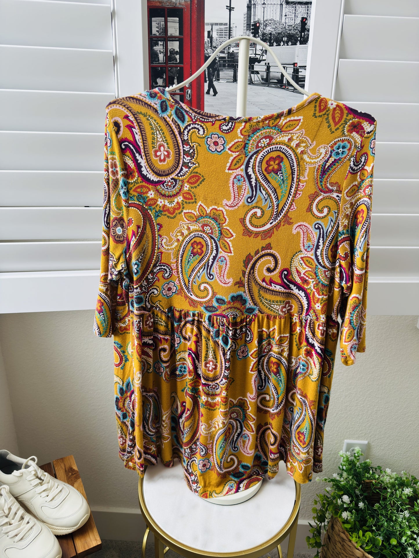 Terra & Sky Paisley Print Button-Front Peplum Top, Size 0X (14W)