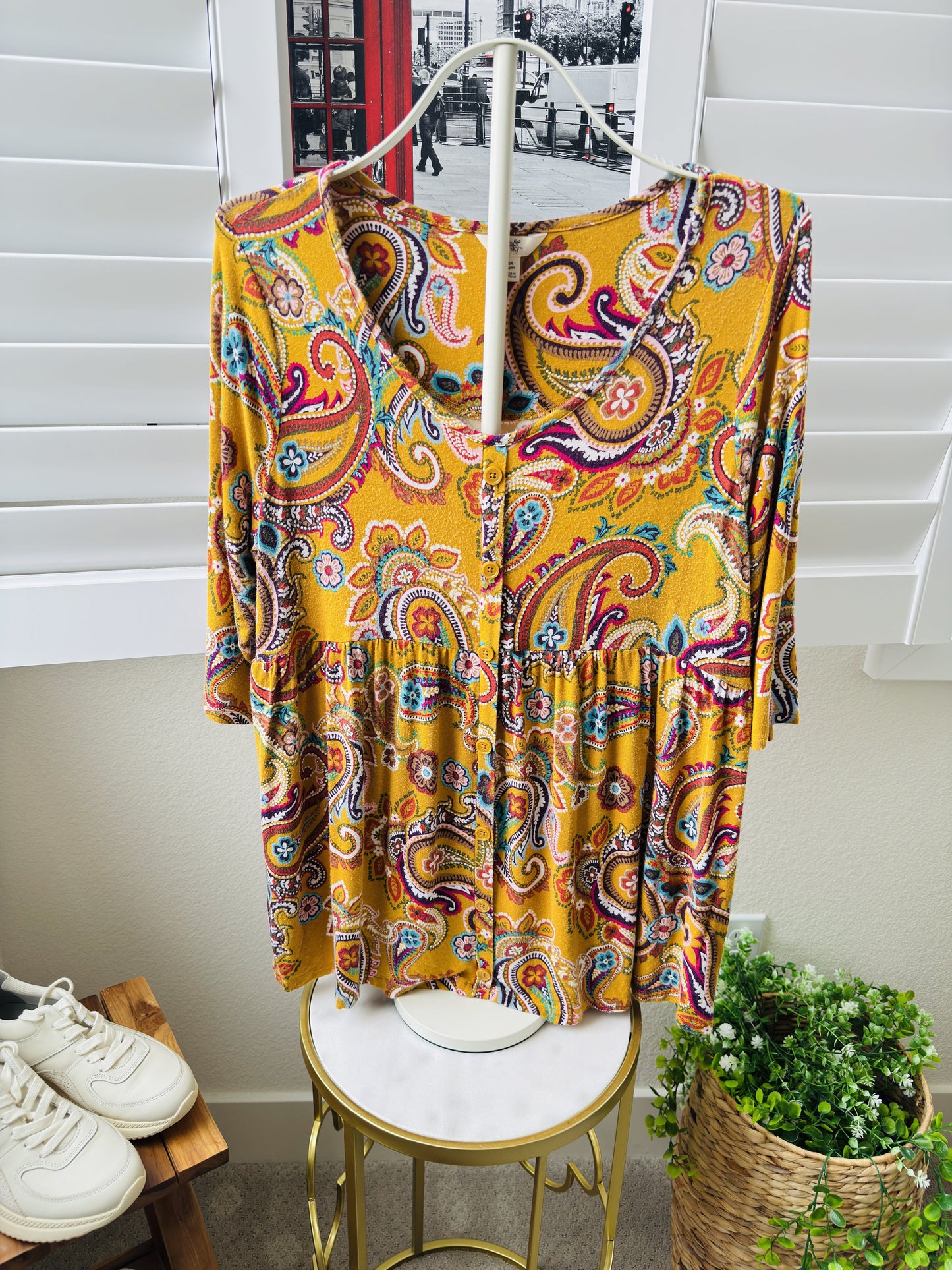 Terra & Sky Paisley Print Button-Front Peplum Top, Size 0X (14W)