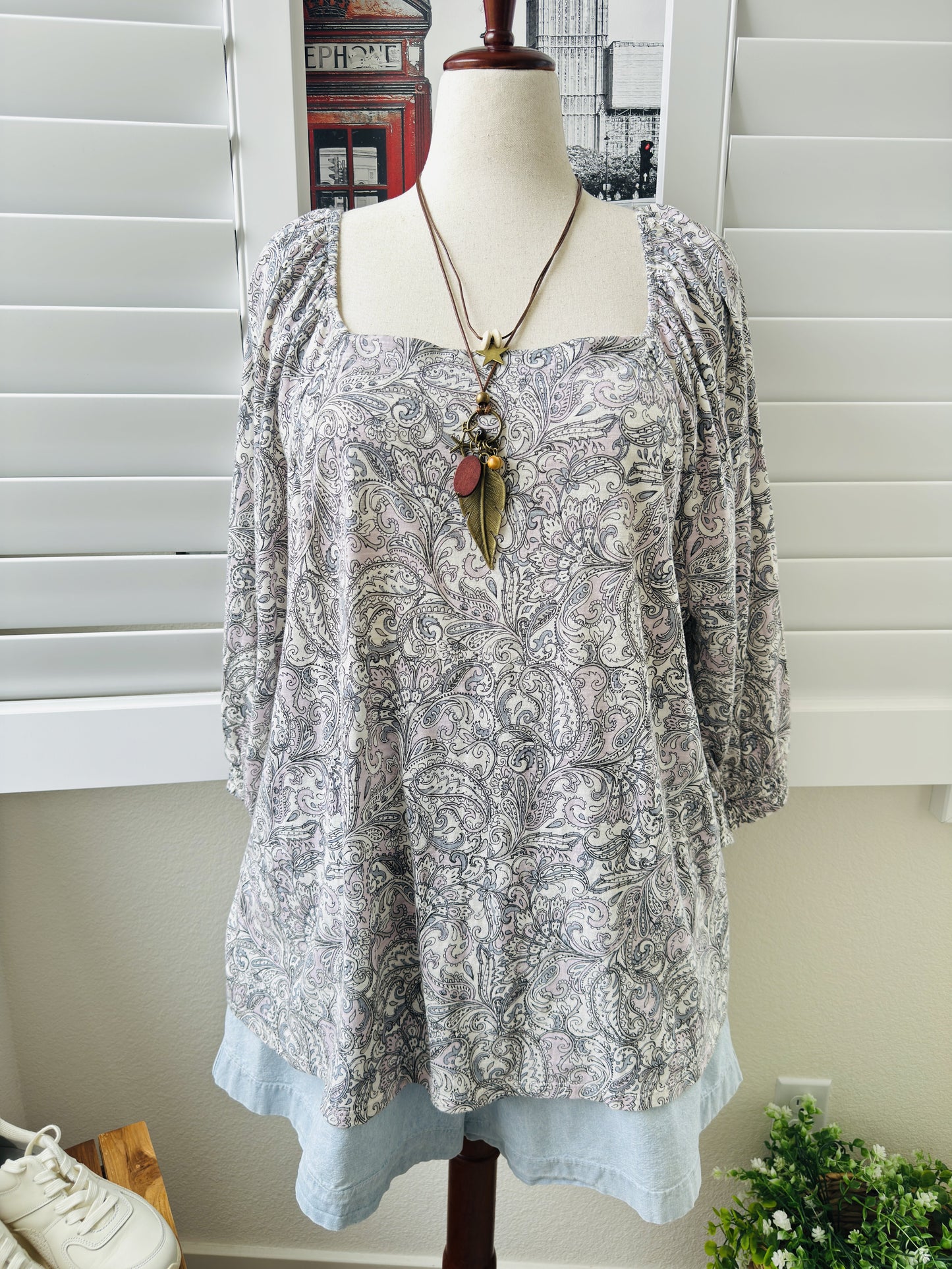 J.Jill Paisley Print Cotton-Modal 3/4 Sleeve Top, Size 3X