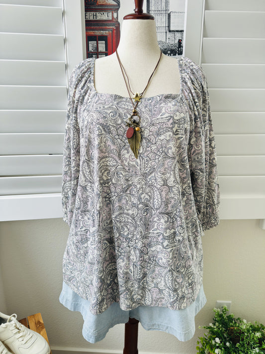J.Jill Paisley Print Cotton-Modal 3/4 Sleeve Top, Size 3X