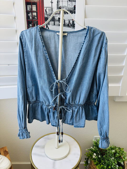 Speed Limit MPH Blue Cotton Tie-Front Peplum Top Size 1X