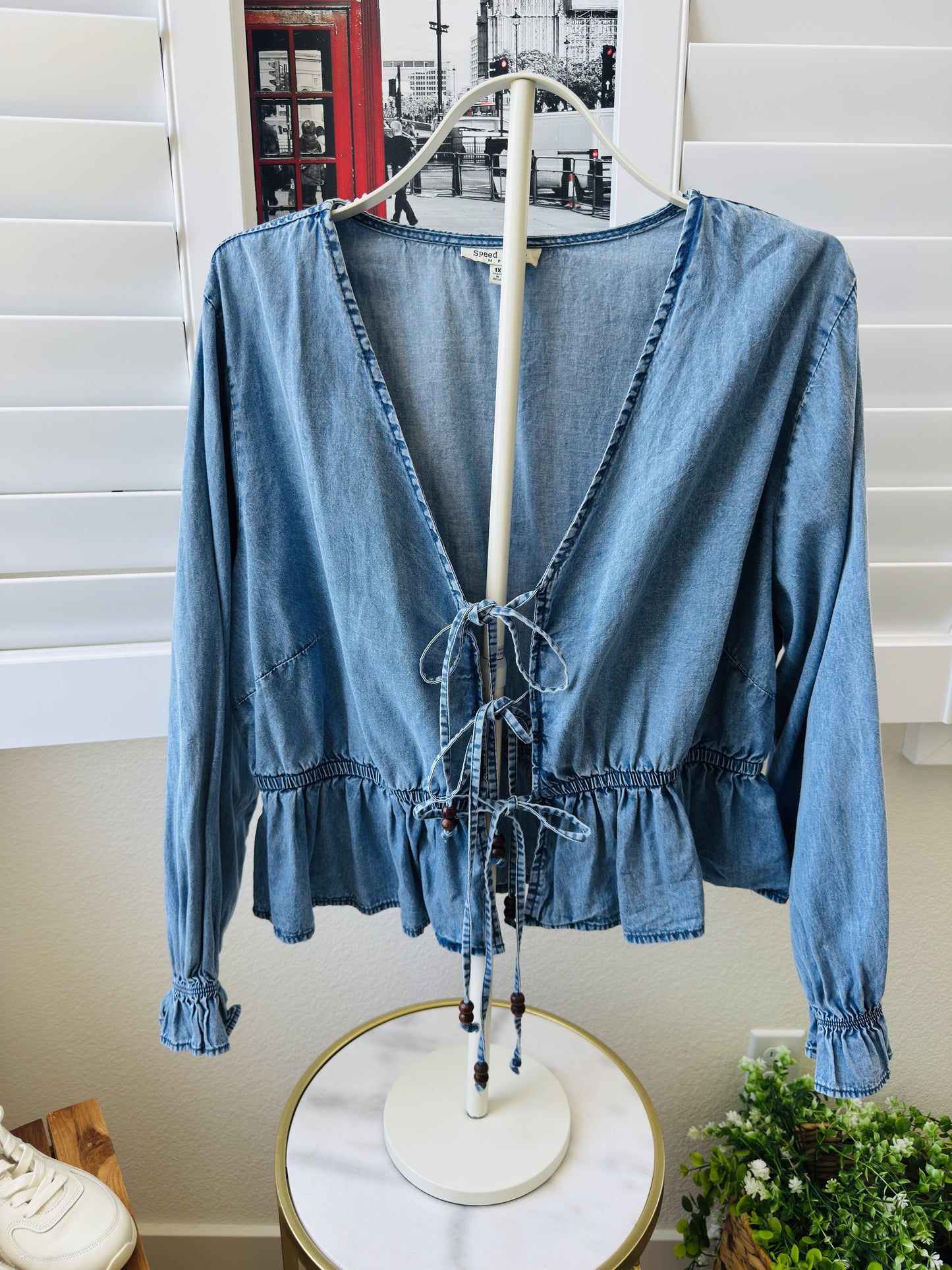 Speed Limit MPH Blue Cotton Tie-Front Peplum Top Size 1X