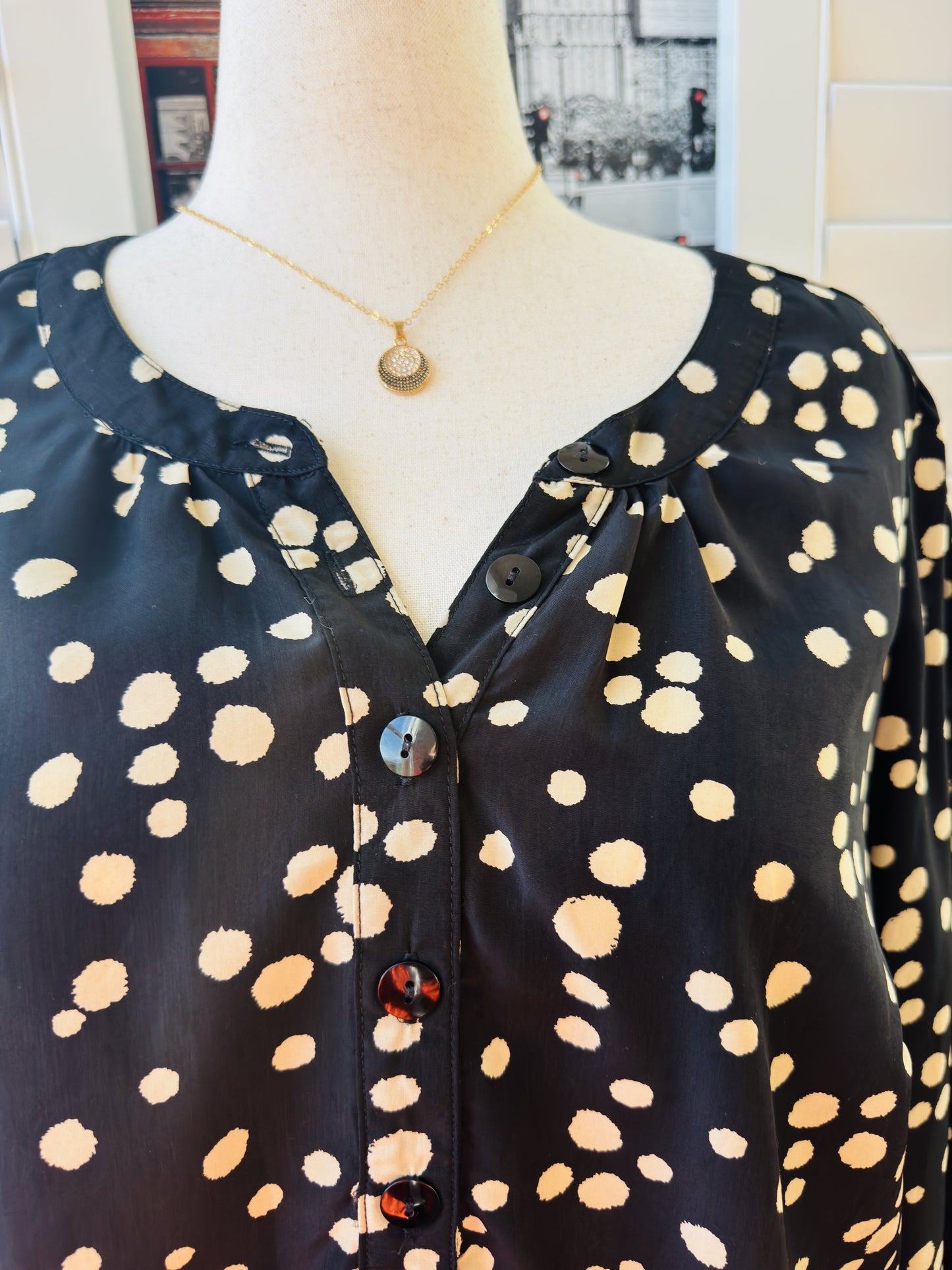 Dress Barn Black and Cream Abstract Polka Dot Henley Blouse - Size 1X