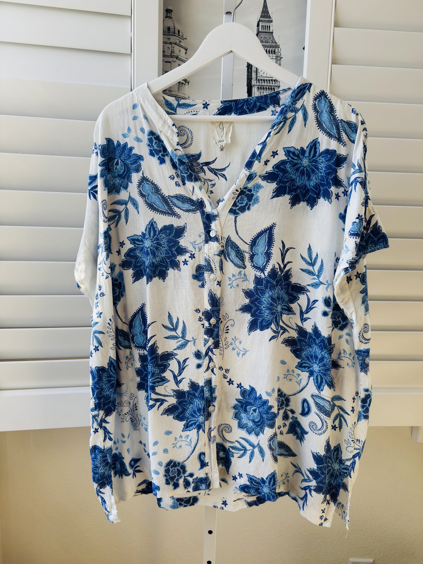 Joie Blue Floral Paisley Linen Blouse Size 2X