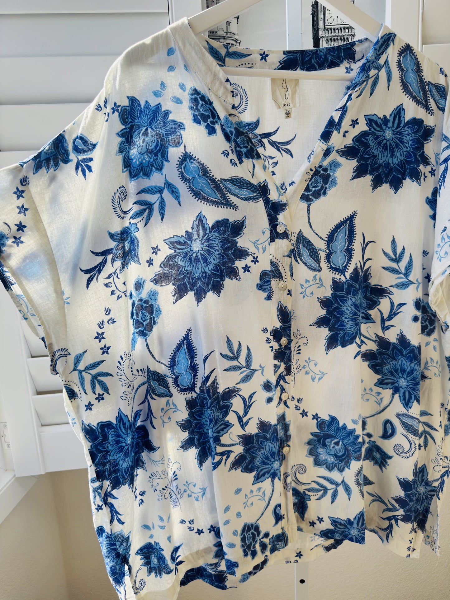 Joie Blue Floral Paisley Linen Blouse Size 2X