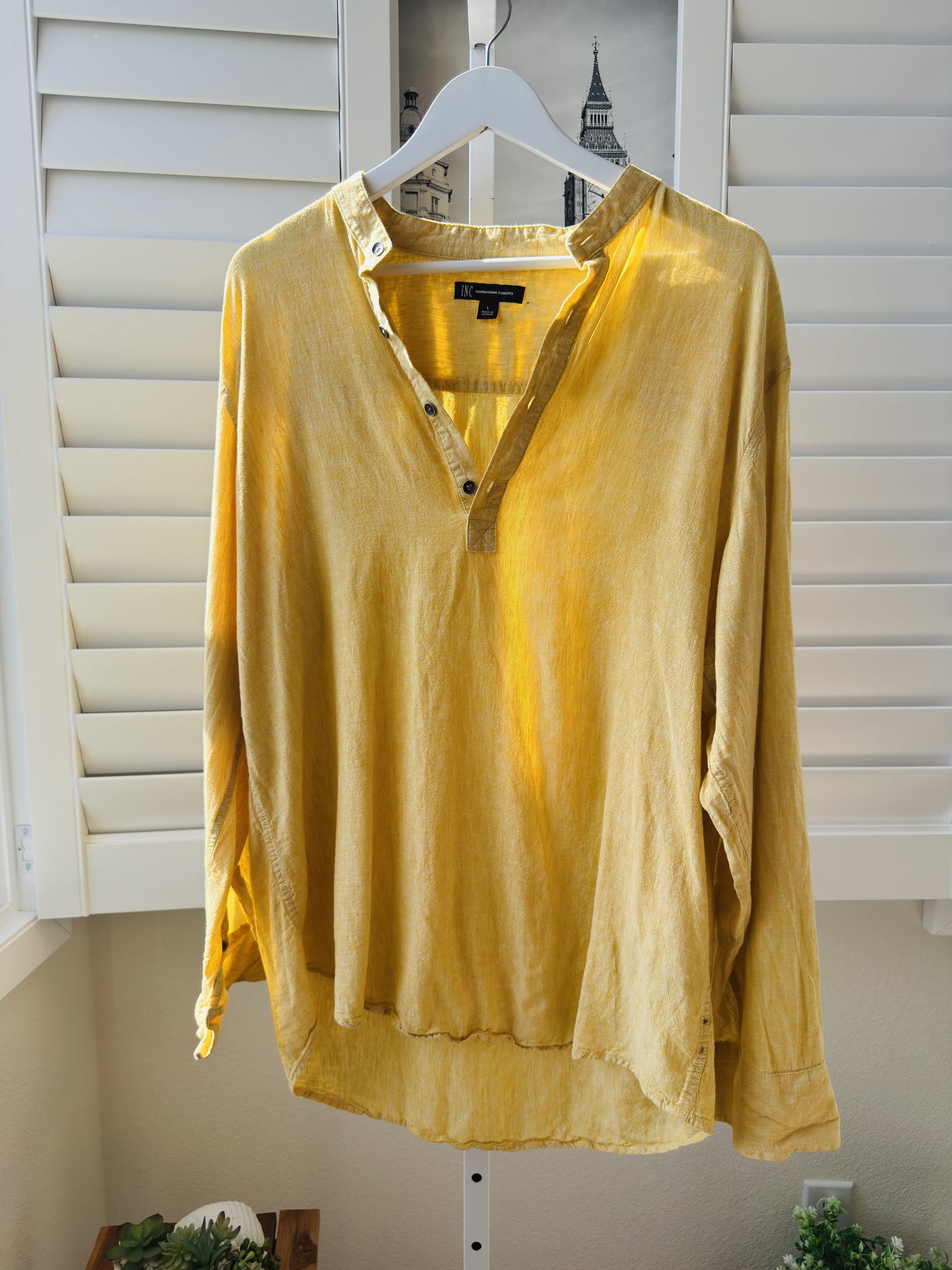 INC International Concepts Women’s Yellow Linen Blend Henley Shirt Size L