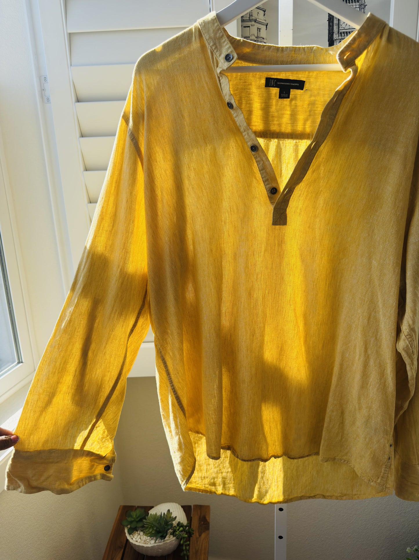 INC International Concepts Women’s Yellow Linen Blend Henley Shirt Size L