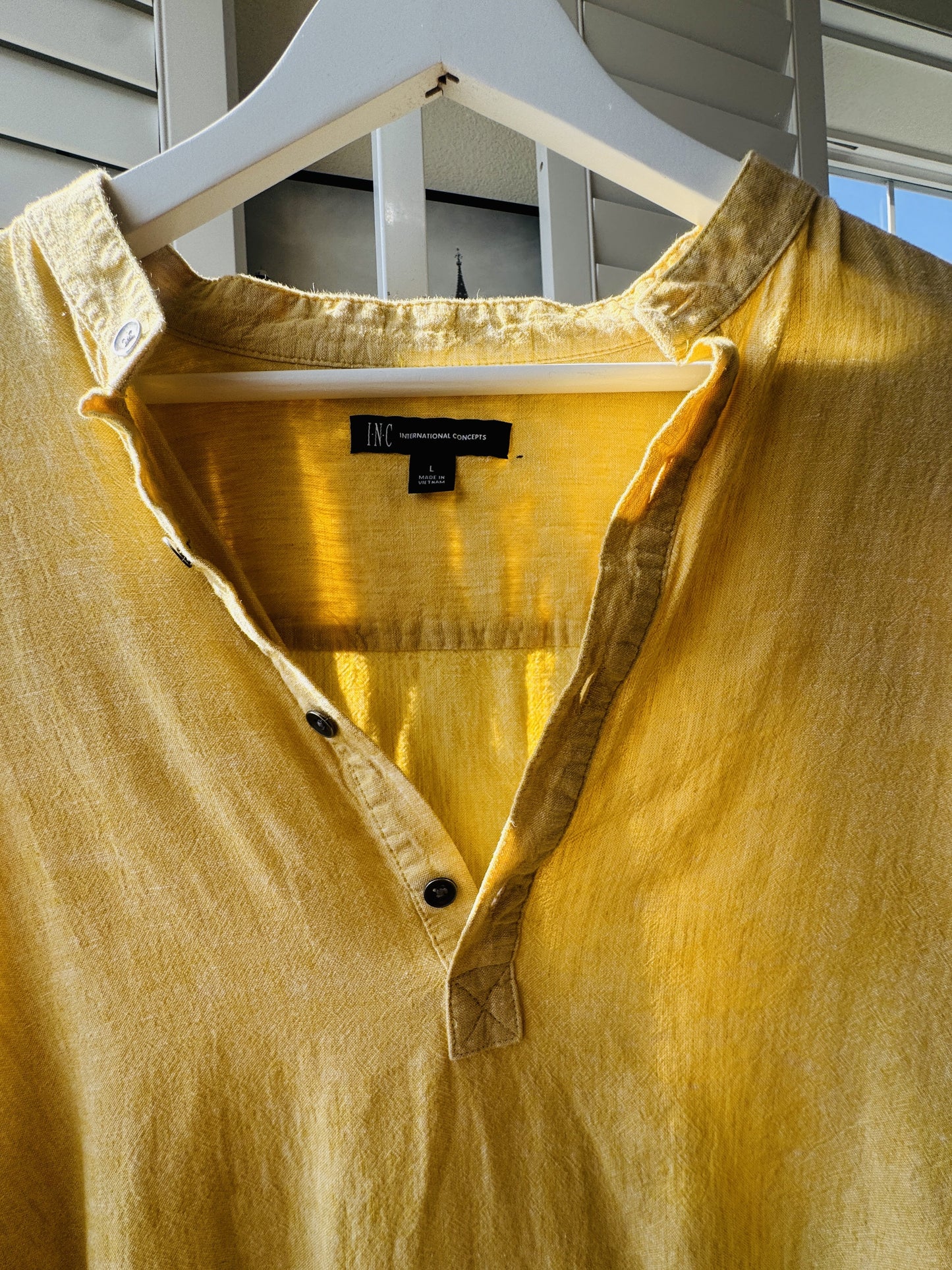 INC International Concepts Women’s Yellow Linen Blend Henley Shirt Size L