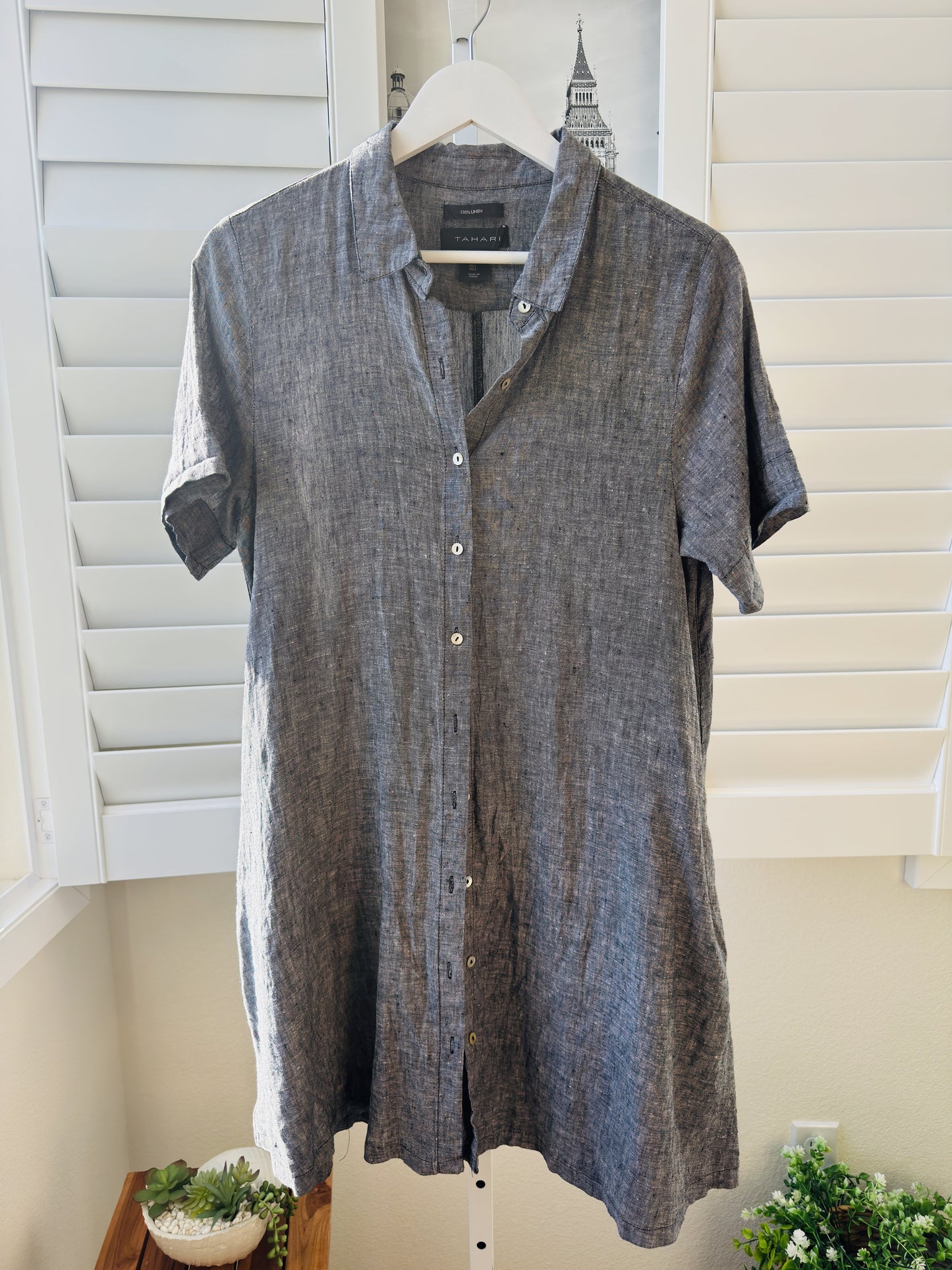 Tahari 100% Linen Short Sleeve Button-Down Shirt Dress - Size L